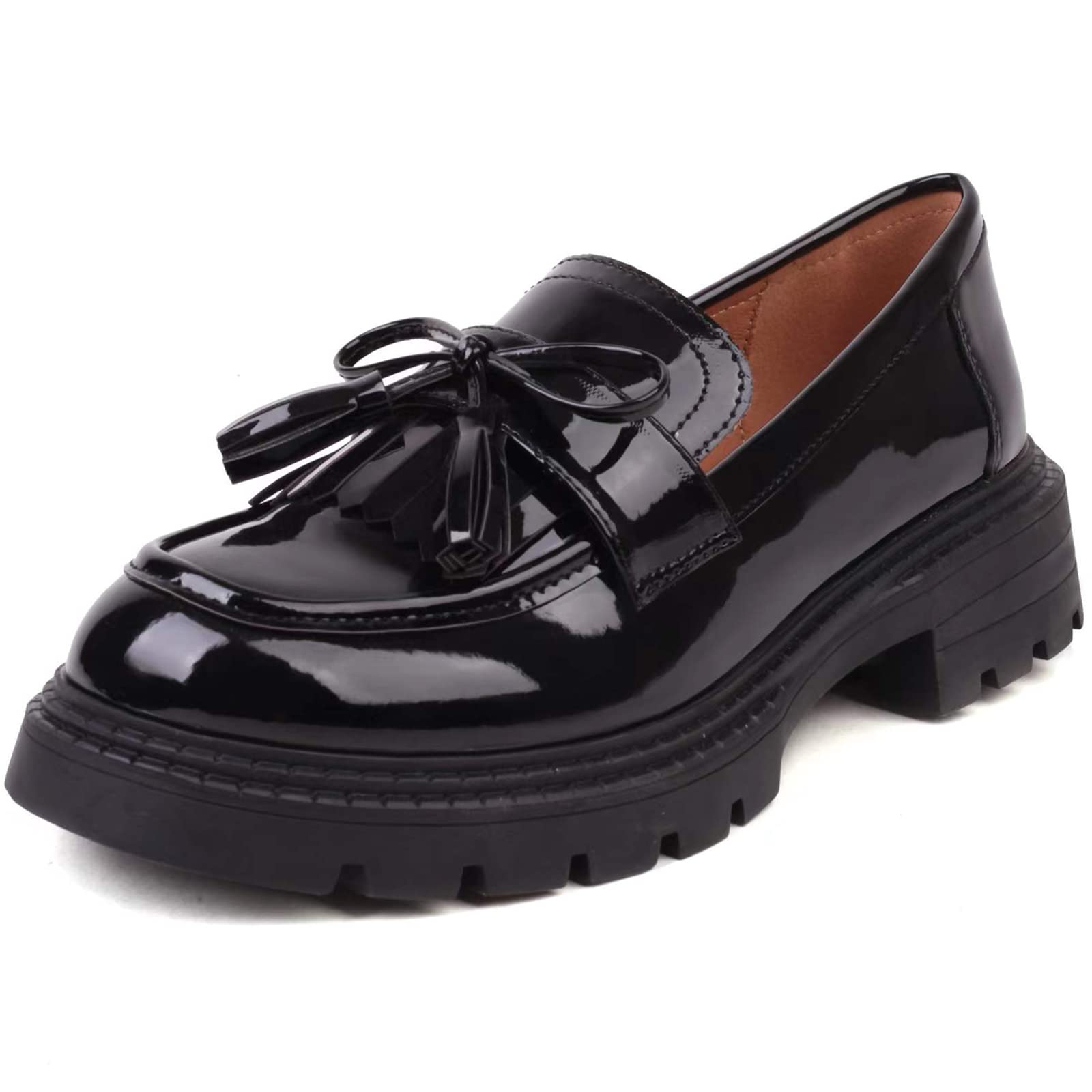MASIKABritish Style Women's Fashion Loafers, Patent Leather Tassel Loafers, Black Thick-Soled Loafers, Slip-on Thick-Soled Loafers, Simple Casual Flat Shoes, Plus Size Shoes.