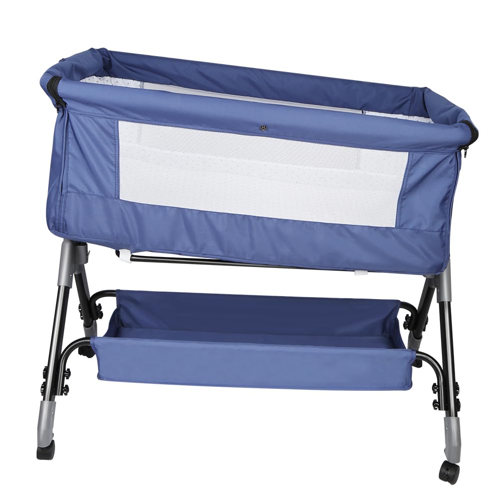 HUOLE 3 in 1 Culla Neonato Fianco Letto, Lettino Neonato Dondolo con Materasso, Culla Co-Sleeping Fino a 25 kg, Altezza Regolabili, Inclinazione di 20°-104 * 52 * 100-110 cm-blu navy
