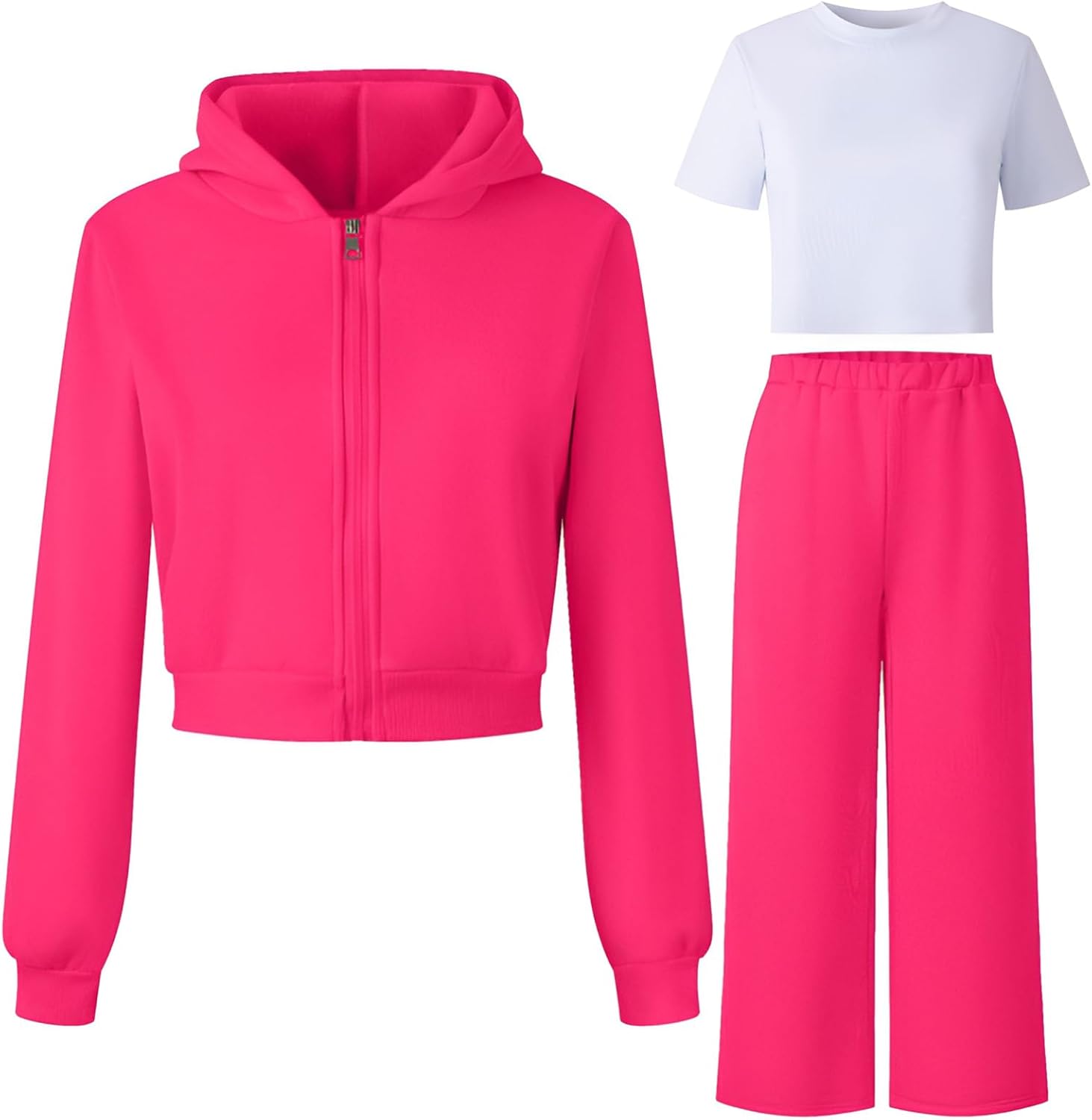 amropi Girl's Hooded Jacket and T-Shirt and Wide Leg Pants 3 Pieces Sports Tracksuit Set for 3-12 Years