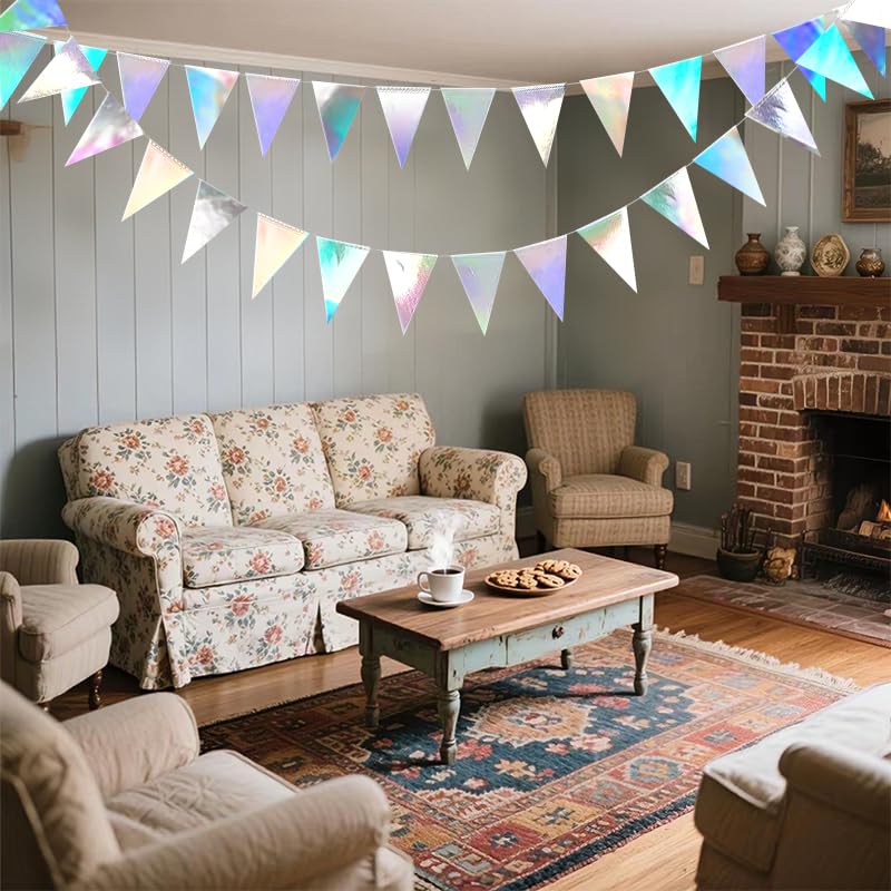 Image of Iridescent Hanging Triangle Flag Pennant Garland Iridescent Hanging Paper Pennant Streamer Paper Triangle Flag Bunting Banner for Graduation Wedding Engagement Birthday Party Decor 30 Feet