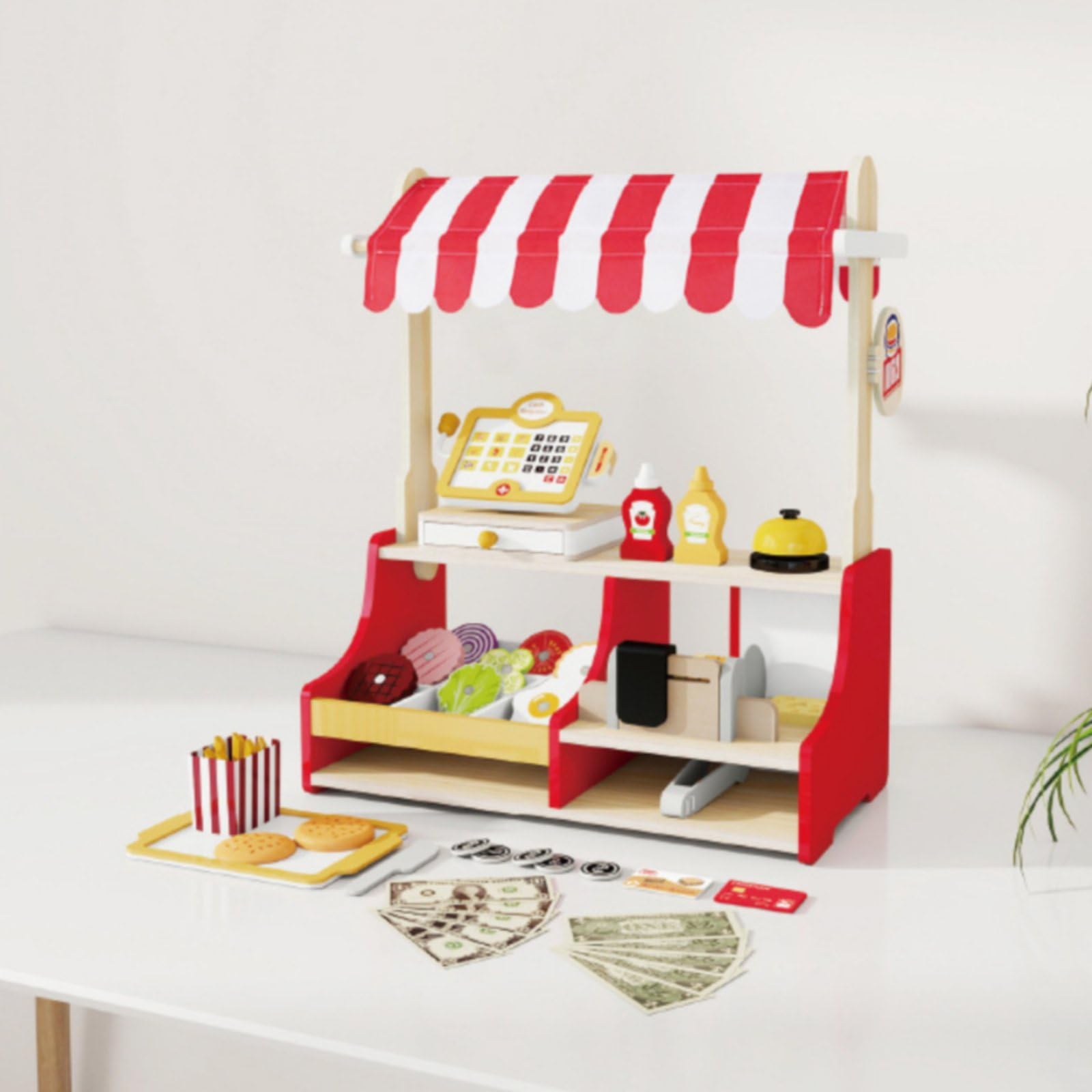 Cucina Giocattolo per Bambini Chiosco Hamburger Panini Registratore Cassa Monete Gioco Ripiani Legno Adatta per Gioco di Ruolo Ristorante Gioco Educativo Casa Aula Cameretta 52cm