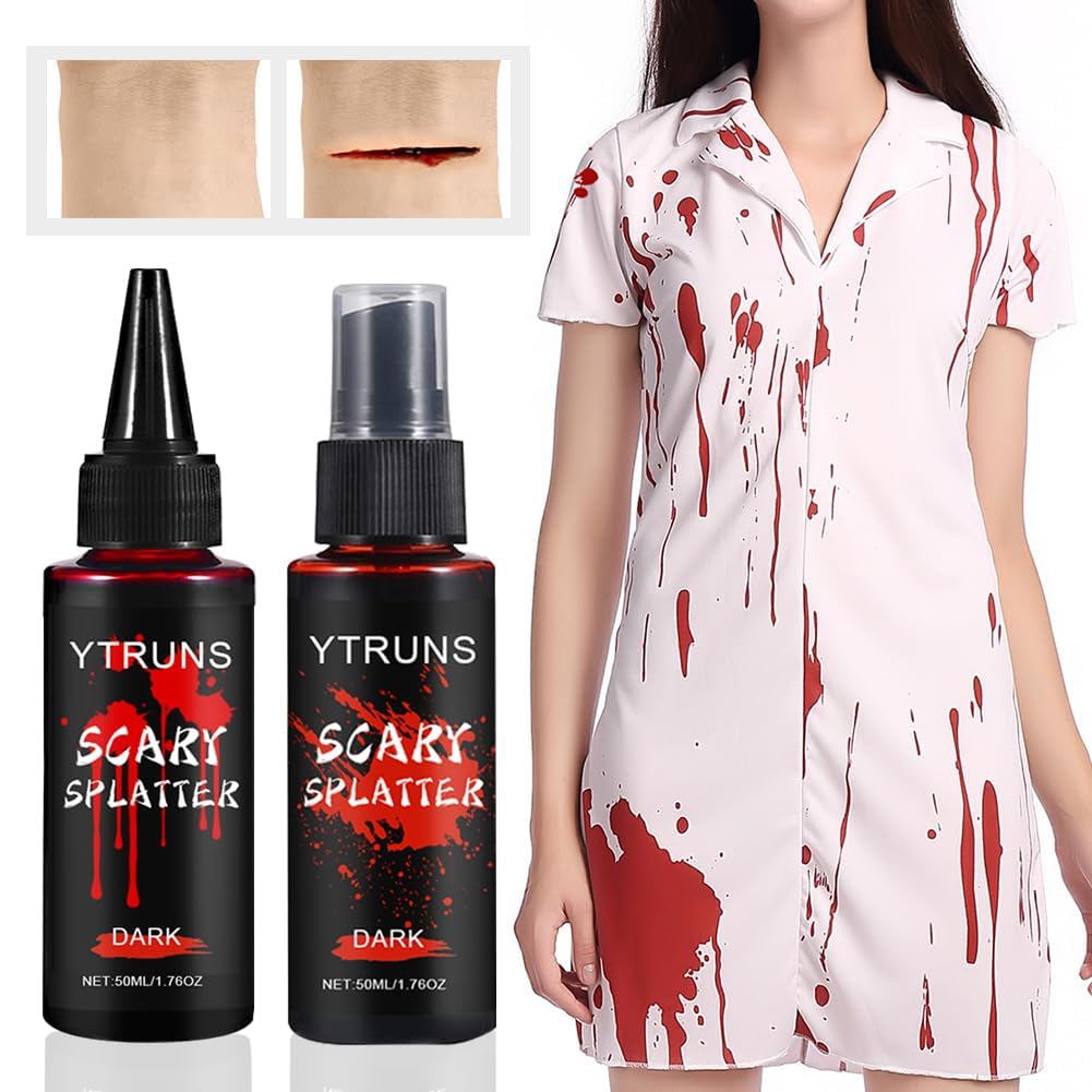 Halloween Fake Blood Makeup Kit, 1.76oz Fake Blood Spray +1.76oz Dripping Blood , Realistic Washable Fake Blood Makeup for Zombie Vampire Monster Cosplay & Dress Up Large 1
