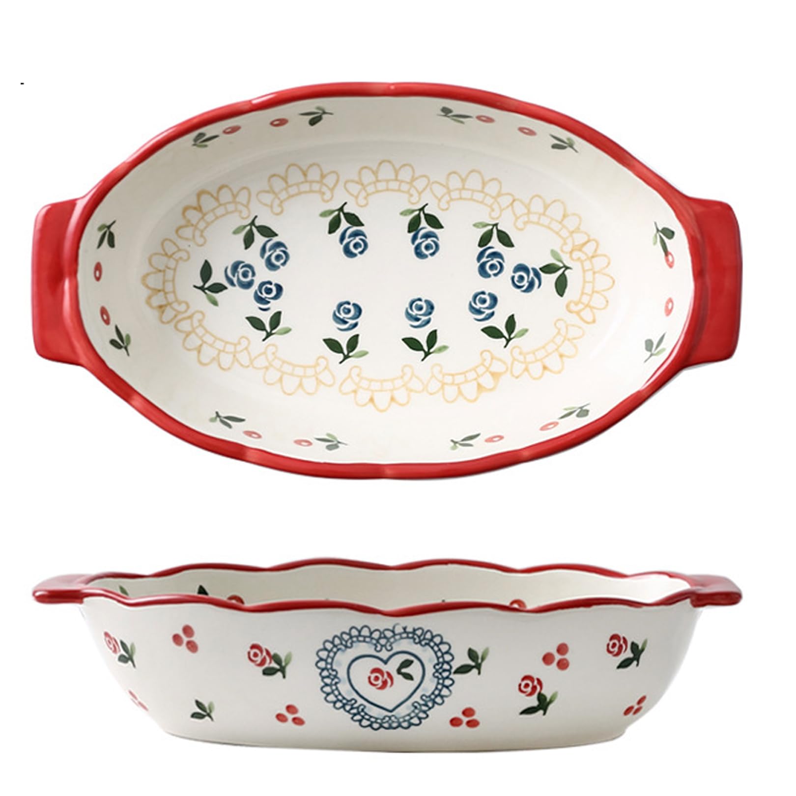 Fuente ovalada de cerámica for hornear con asas, cazuela de diseño floral for servir en el horno a la mesa, ideal for lasaña, pasteles, guisos y más(725ml)