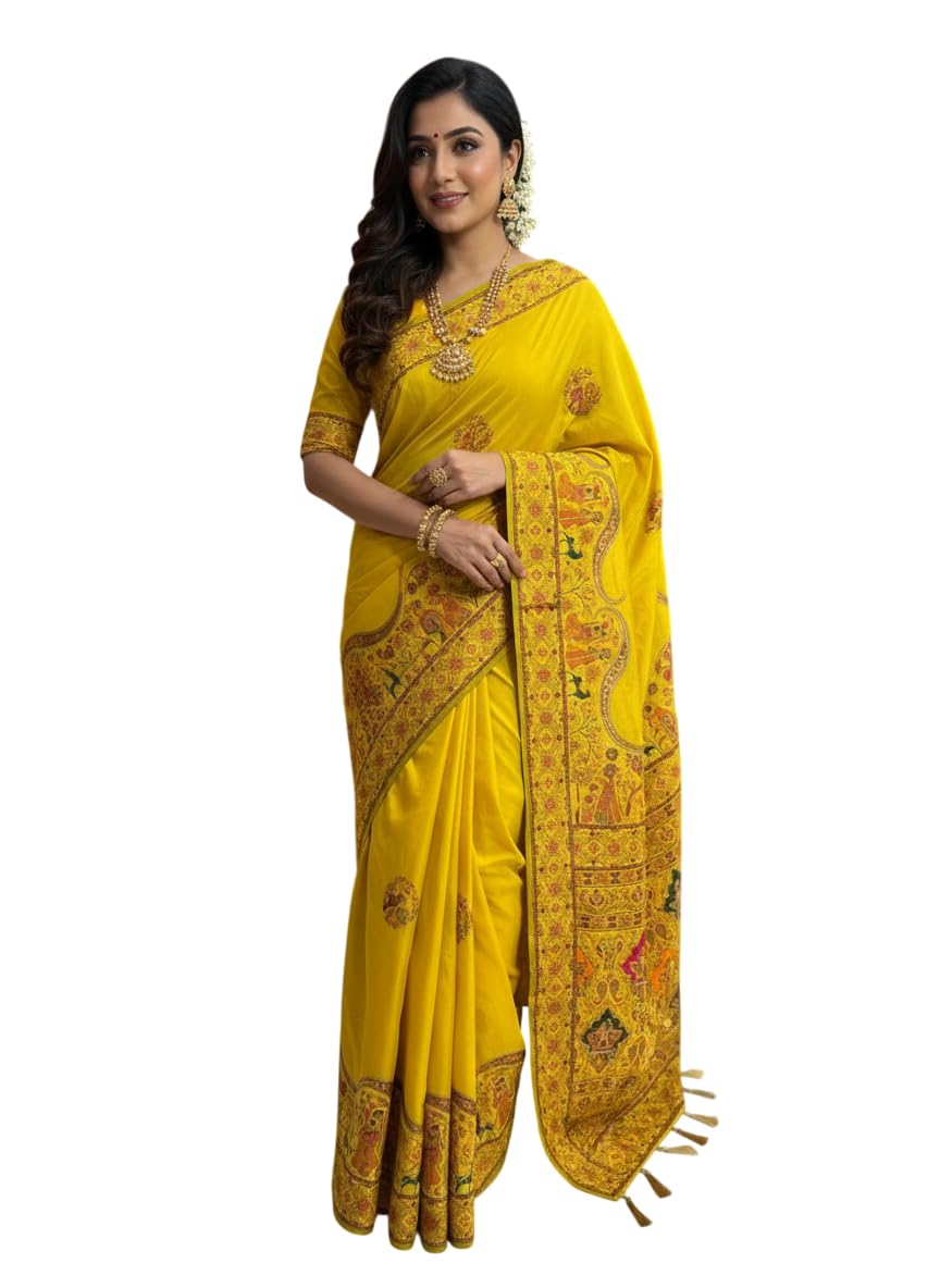 Women's Kanjivaram Kachi Pattu Banarasi Pashmina Gold Jari Weving Silk Saree With Blouse Piecs-picture-28