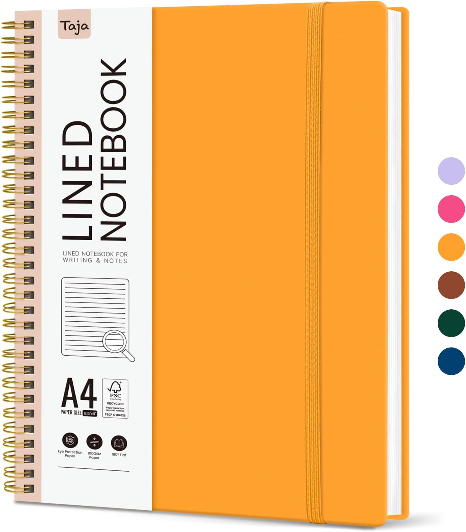 Taja Spiral Lined Notebook, 8.5"x11" Notebooks for Work, Large A4 Journal for Women & Men, College Ruled Journaling Notebook for Writing, Plastic Cover Spiral Journal, Yellow