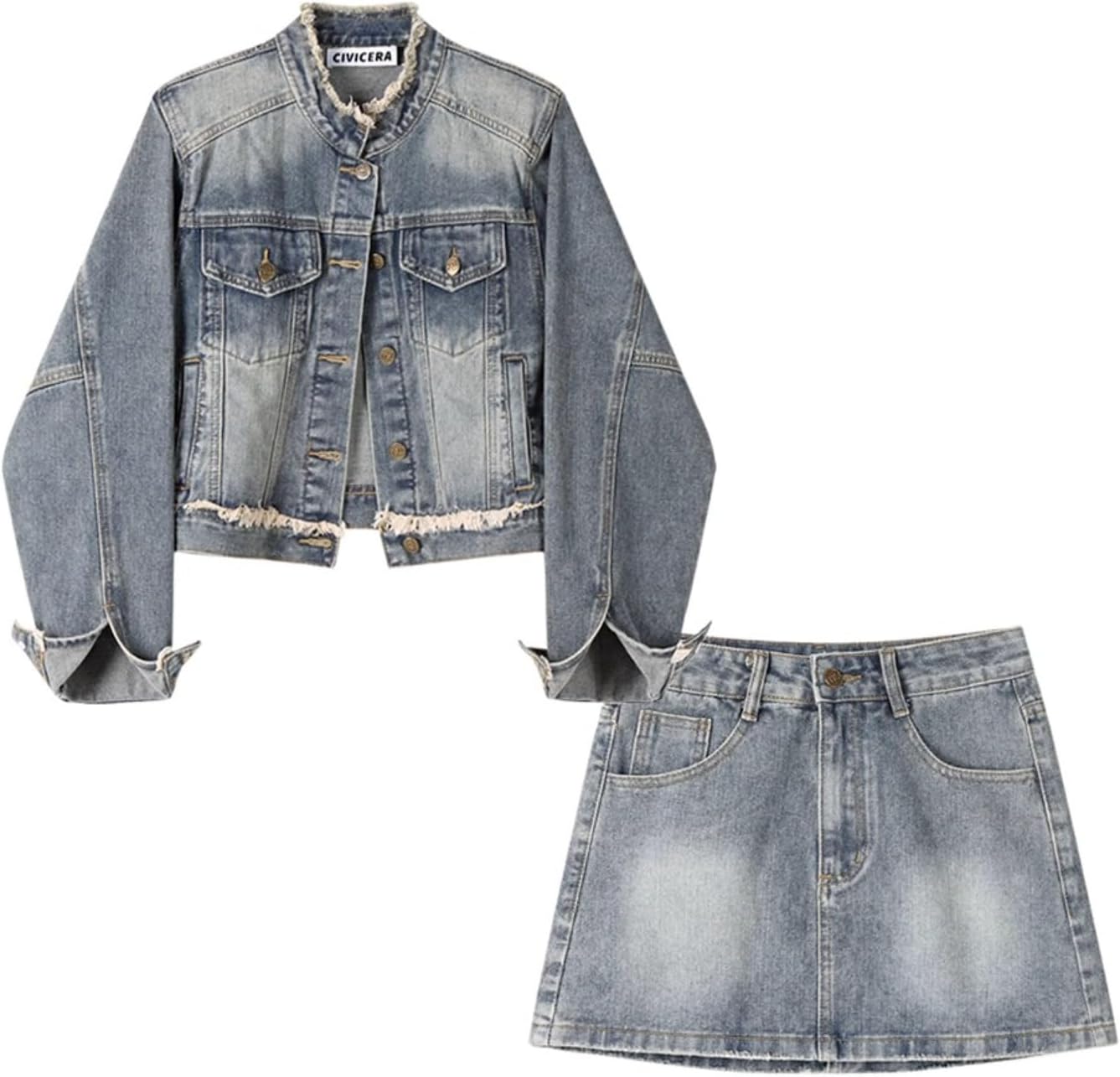 Vintage Denim Suit Skirt Women Denim Short Jacket Skirt Two-Piece Set