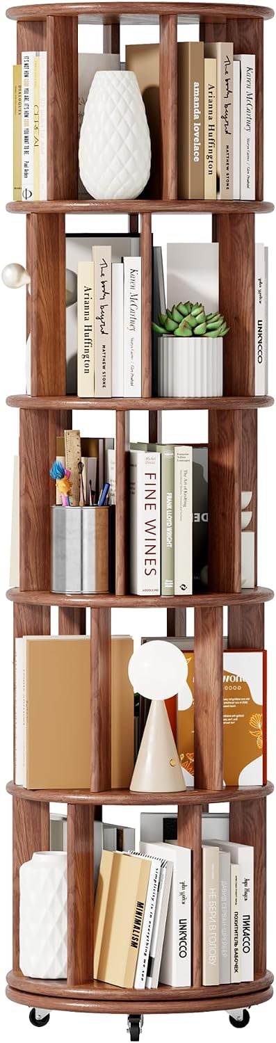5 Tier Rotating Bookshelf Tower, 360° Revolving Bookcase with Wheels, Round Spinning Book Shelf Kids, Small Corner Bookshelf for Living Room, Home, Office, Walnut