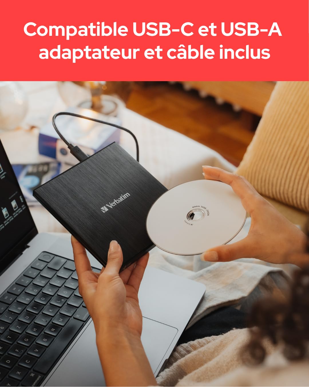 Verbatim Slimline Graveur CD/DVD Externe I USB 3.2 Gen1 avec Connection USB-C, câble USB-C vers USB-A Inclus, Compact, Graveur DVD Externe, Lecteur CD Externe, Lecteur CD DVD Externe, Design Mince
