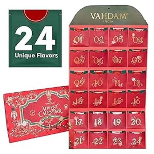 VAHDAM Calendario de Adviento de té 2023 - 24 tés únicos de hojas sueltas, juego de regalo de té navideño, muestra de empinados individuales