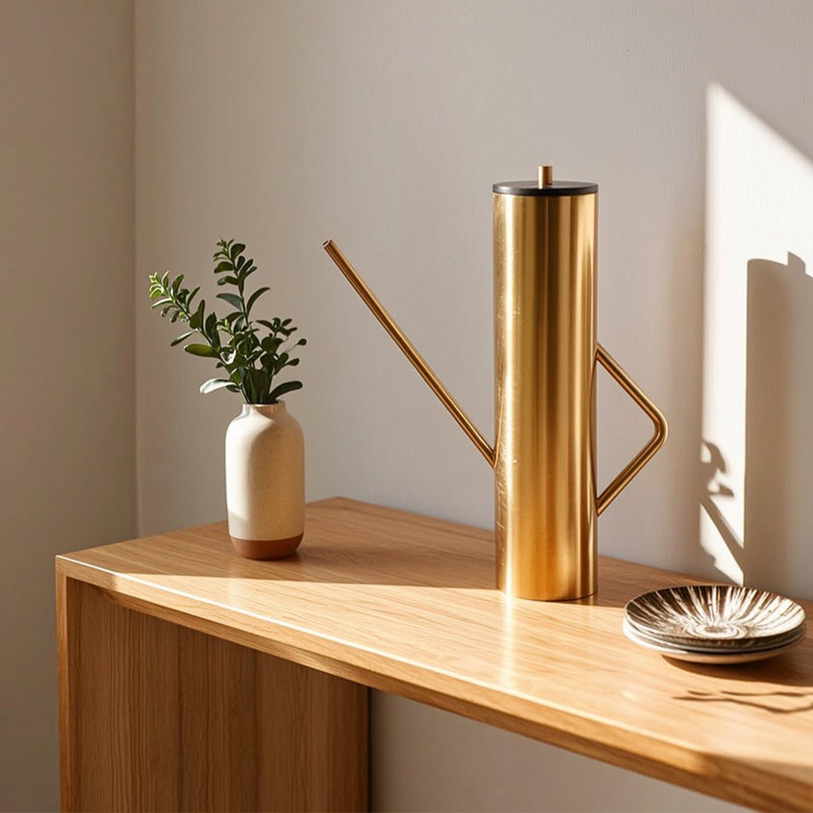 Baoblaze Jarrón Geométrico Decorativo Escultura Moderna Tetera Cuerpo Cilíndrico Metal Dorado Tapa Madera Asa Geométrica Larga Adecuado para Estanterías