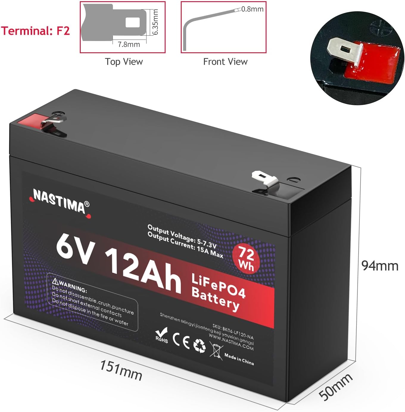 Image showing the dimensions of the NASTIMA 6V 12Ah LiFePO4 battery and its F2 terminal type.