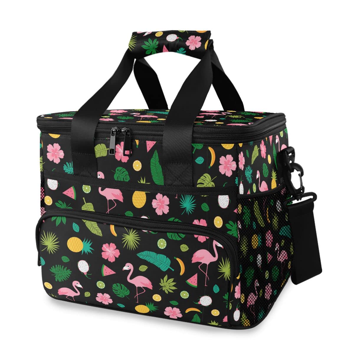 Bolsa de picnic de 15 L, 24 latas, bolsa de almuerzo aislada con flamenco y piña para viajes, camping, barbacoa, actividades al aire libre, asas, correa para el hombro