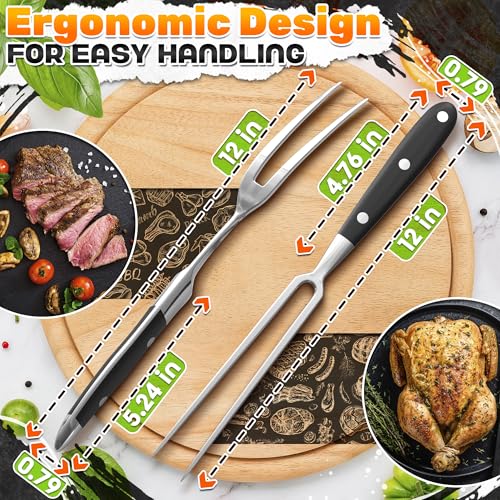 Carving Fork for Meat Set of 2 – Stainless Steel 12\" Meat Forks for Kitchen with Heat-Resistant Non-Slip Handles – Two-Prong (Straight & Curved) BBQ Fork for Slicing, Grilling & Serving Turkey & Beef