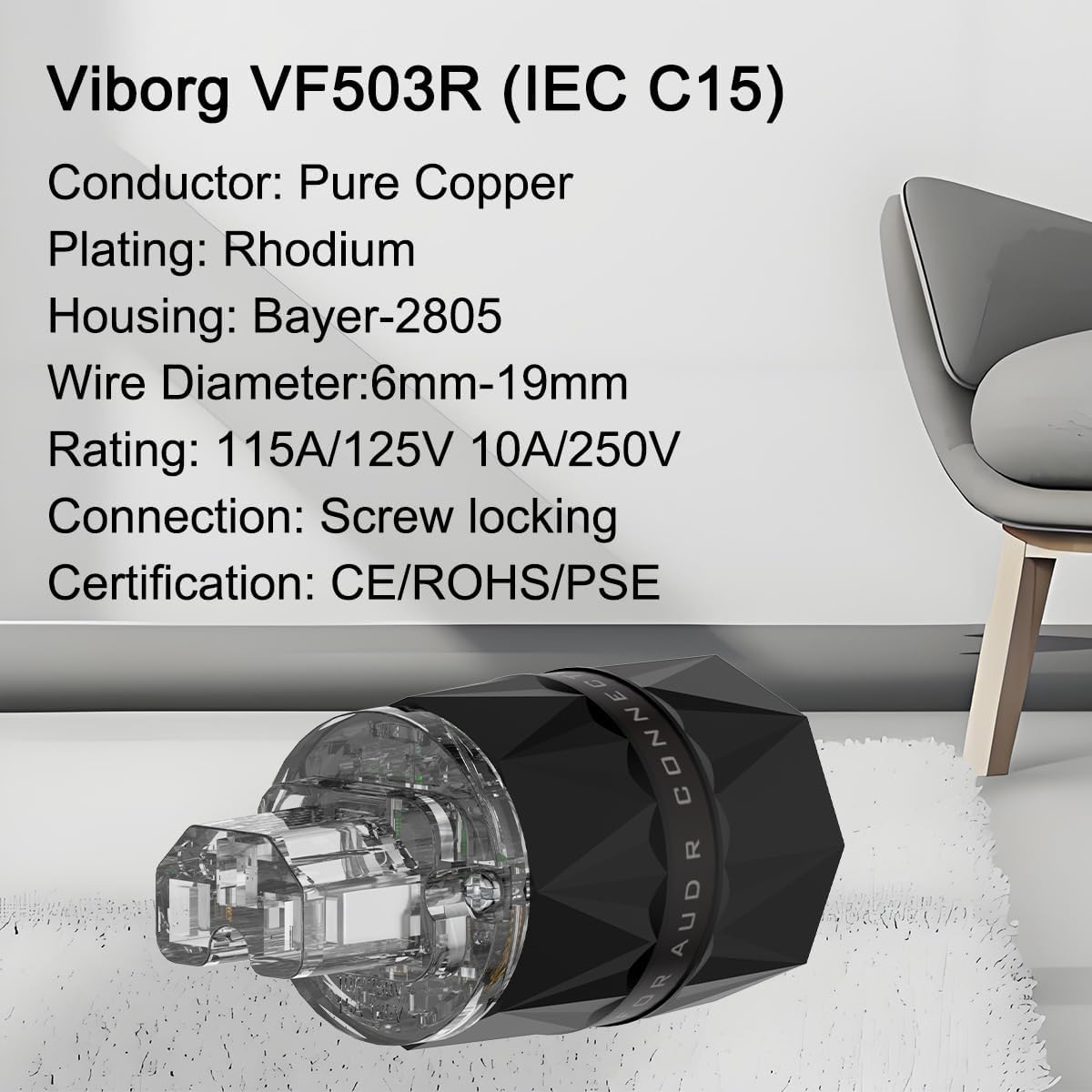 Viborg HiFi Power Plug, VF503R, Rhodium-Plated Copper Non-Magnetic, 15A/125V 10A/250V AC, Audio Mains Plug, Set Screws, Hi-End IEC C15 Power Connector for DIY Audiophile Power Cable