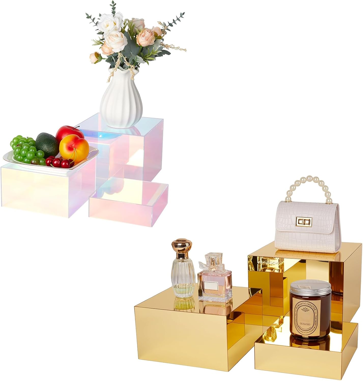 Rainbow & Gold Acrylic Display Riser Set - 6 Pcs Cube Stands for Collectibles, Jewelry, Dessert Party & Christmas Decor