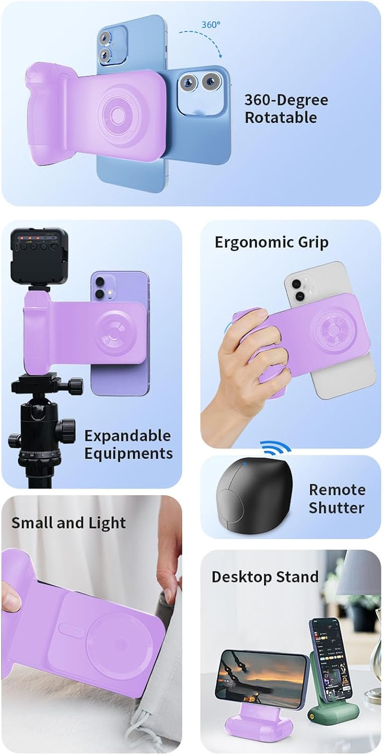 Sanpyl Magnetic Phone Camera Grip, Magnetic Phone Camera Shutter Grip with Bluetooth Shutter Remote & Cold Shoe Mount & 1/4in Screw Expandable, Used as Desktop Stand (Purple)