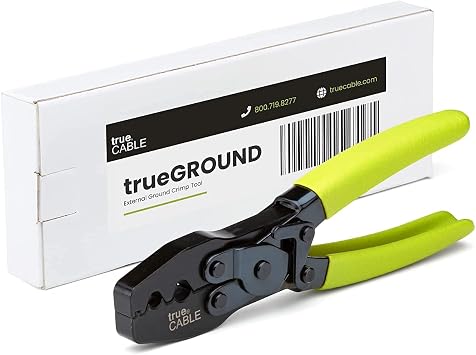 TRUE CABLE External Ground Crimping Tool for Shielded RJ45 Connectors, Dual Crimp Cavities, Carbon Steel, Non-Slip Ergonomic Handle, Terminal Crimper with Latch Mechanism