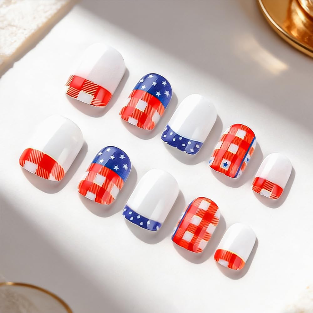 4th of July Press On Nails - Fourth of July Short Square Fake Nail with Red White and Blue Patriotic Design Acrylic Artificial False Nail Press Ons Stick On Nails for Women