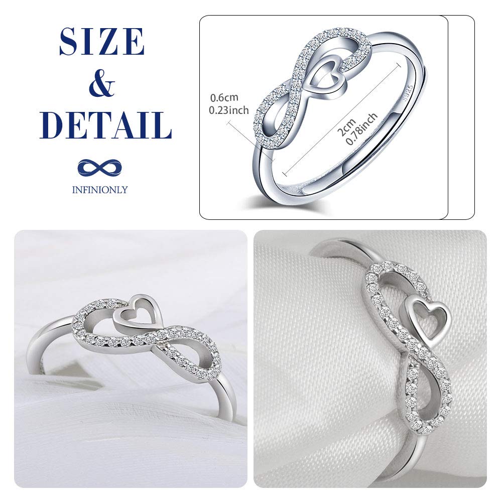 Damen Mädchen 925 Sterling Silber offener Ring, Unendlich Symbol Herz eingelegten Zirkon Ring, Verlobung Ehering, einstellbare Ringgröße, Weihnachten Geburtstag Geschenk
