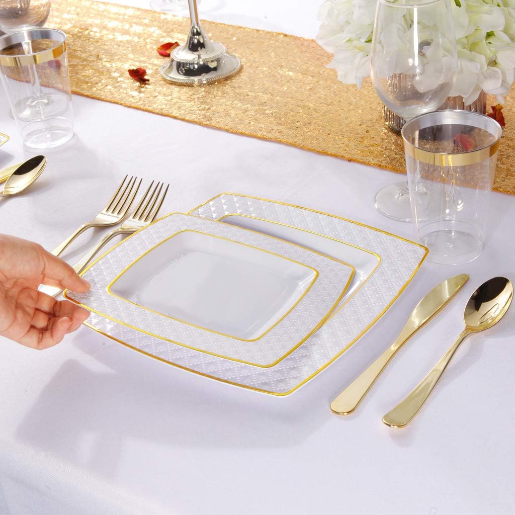 Supernal 125 Pcs Gold Plastic Plates, Gold Square Plates with Diamond Design,Gold Plastic Silverware, Includes: 25 Dinner Plates, 25 Salad Plates, 25 Knives, 25 Forks, 25 Spoons,Suit for Mothers Day