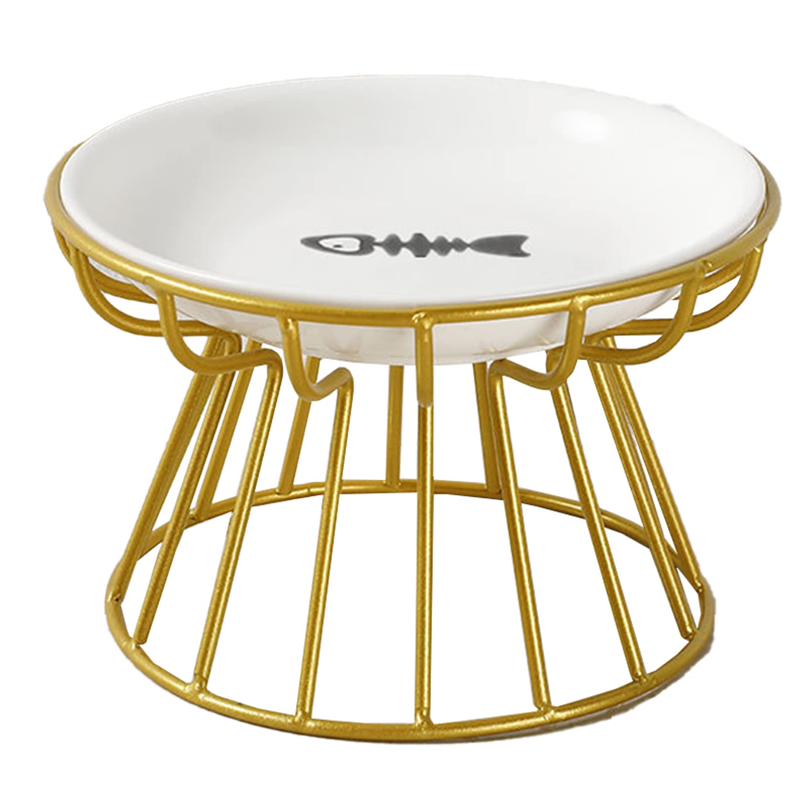 GALER Raised Cat Bowl, Cat Food Bowl w/ Metal Stand, Ergonomic Cat Plate Elevated Cat Bowls Ceramic Anti Vomit Cat Feeding Bowl Food Water Shallow Tilted Ceramic Dish Cat Small s (Glod,Fish), Gold