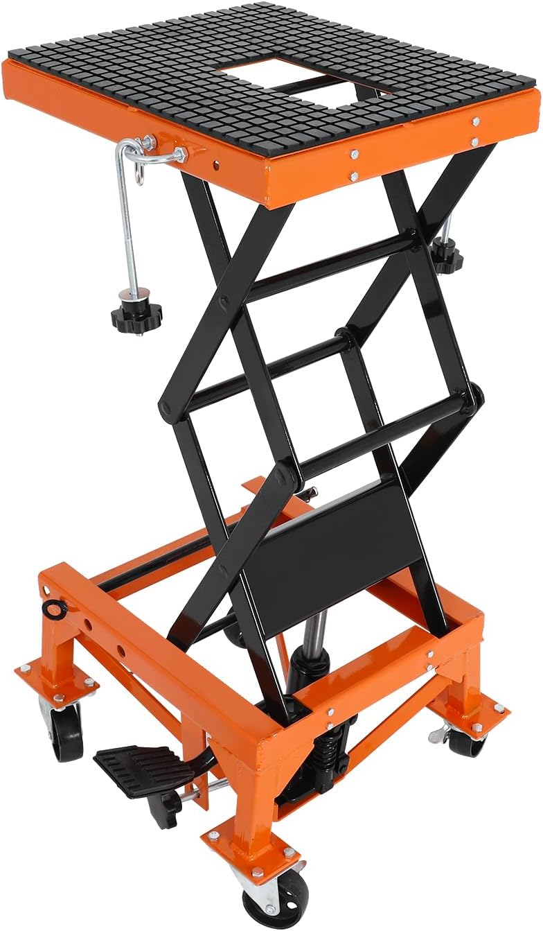 300lbs Heavy Duty Hydraulic Motorcycle Scissor Jack Lift with The Foot Peg Hold Downs Fit for Motorbike Dirt Bike Hydraulic Center Stand Lift with 4 Wheels