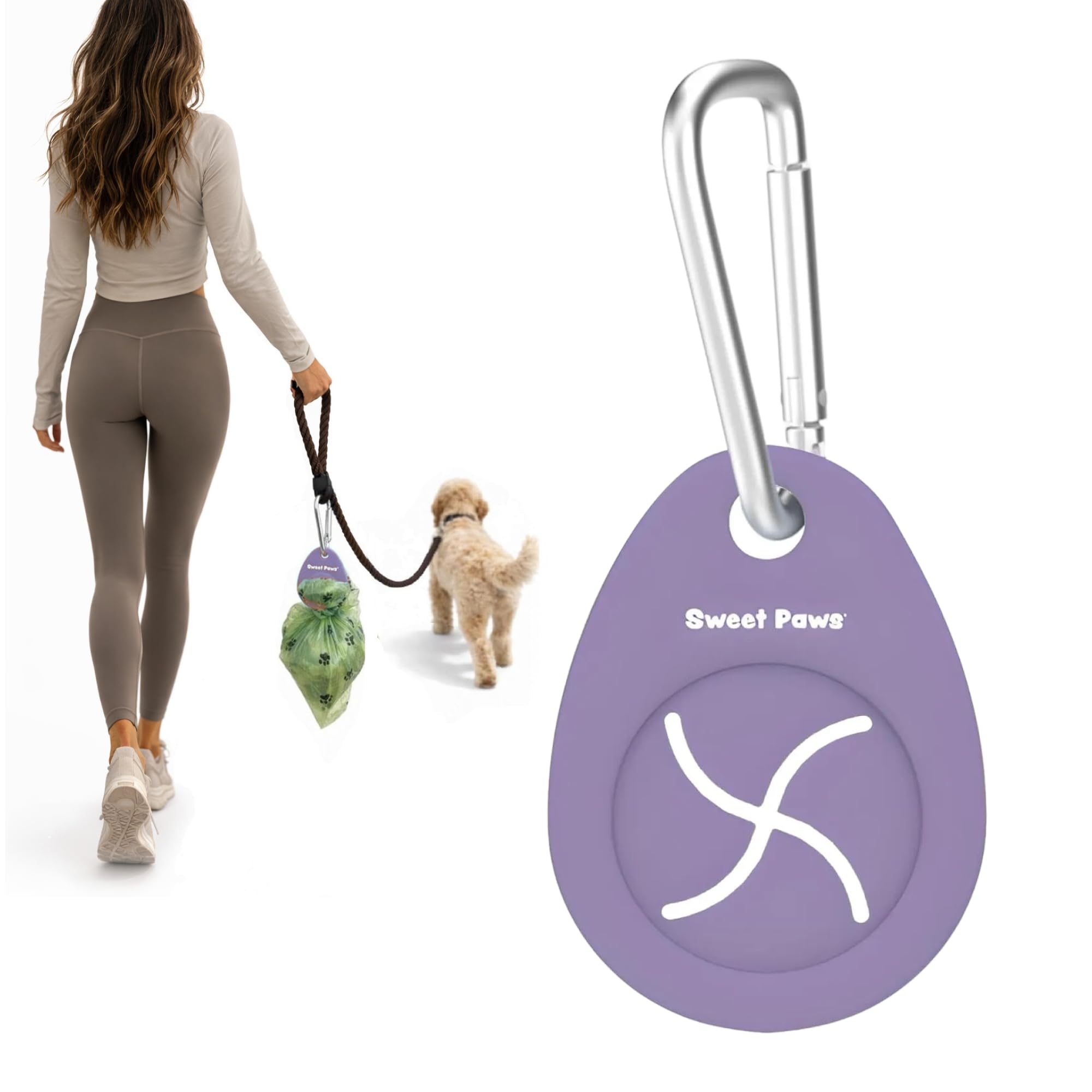 Dog Poop Bag Holder Charm for Hands-Free Carry of Used Poop Bag, Durable Eco-Friendly Silicone Dog Walking Accessory with Carabiner Clip -Lavender
