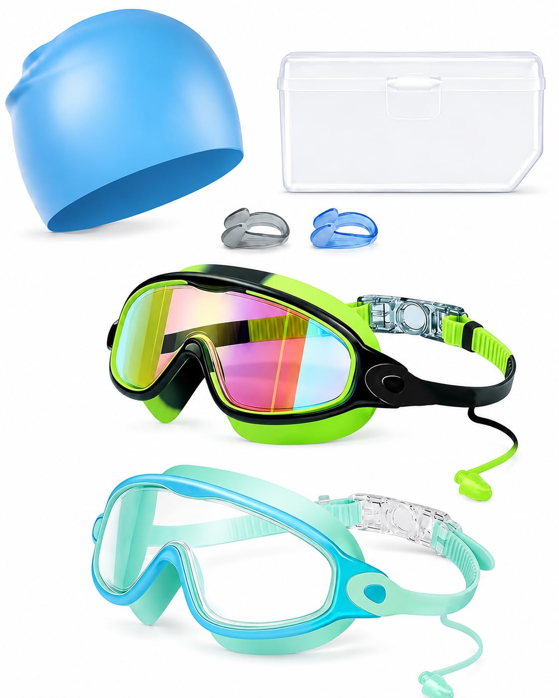 TorsuupTittan Kids Swimming Goggles 2 Pack with Swim Cap, Youth Swim Goggles for Boys Girls Ages 6-14, Anti Fog UV Protection, No Leak Wide View Swimming Goggles with Nose Clips, Ear Plugs & Case