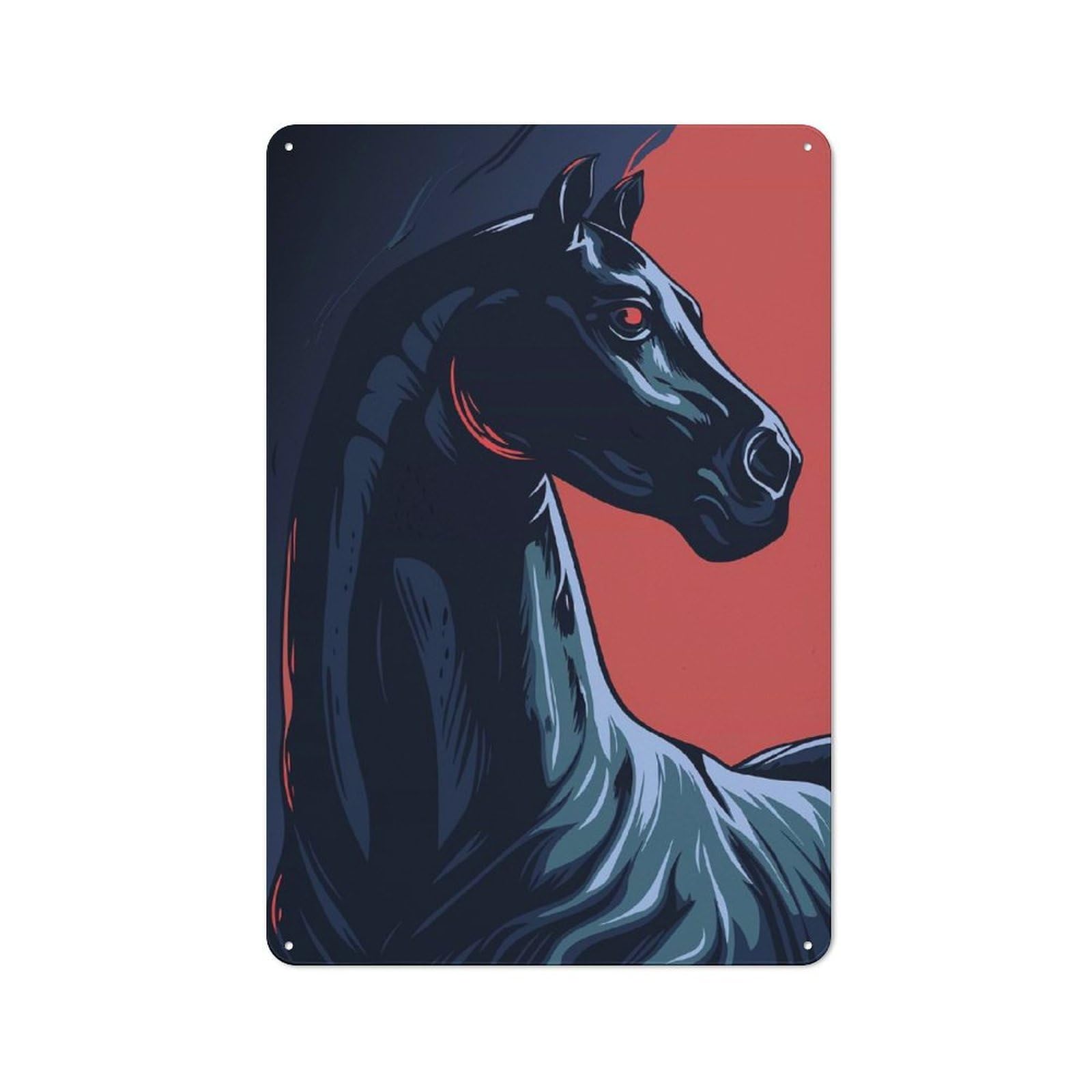 Junmoney Stylized Black Horse Portrait On Red Tin Wall Plaque With Design 30X20cm, Farmhouse Rustic Kitchen Decor For Dining Room, Cafe, Entryway Or Family Room