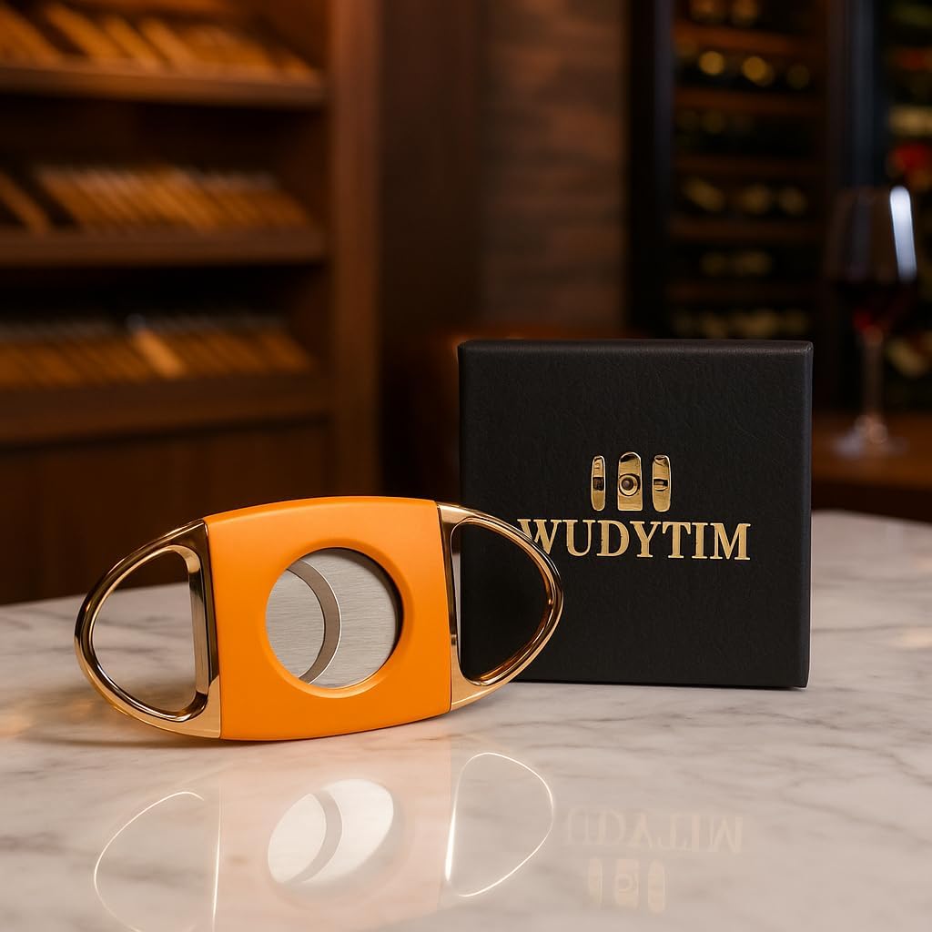 Wudytim Stainless Steel Cigar Cutter with Gift Box,Double Blade for a Precise Perfect Cut(Orange Gold)