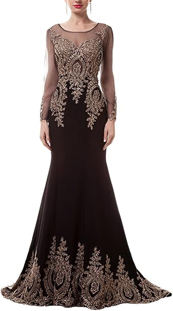 Elegant Dubai Arabic Golden Lace Mermaid Beaded Evening Dress Long Sleeve Chapel Train Evening Gown with Embroidery