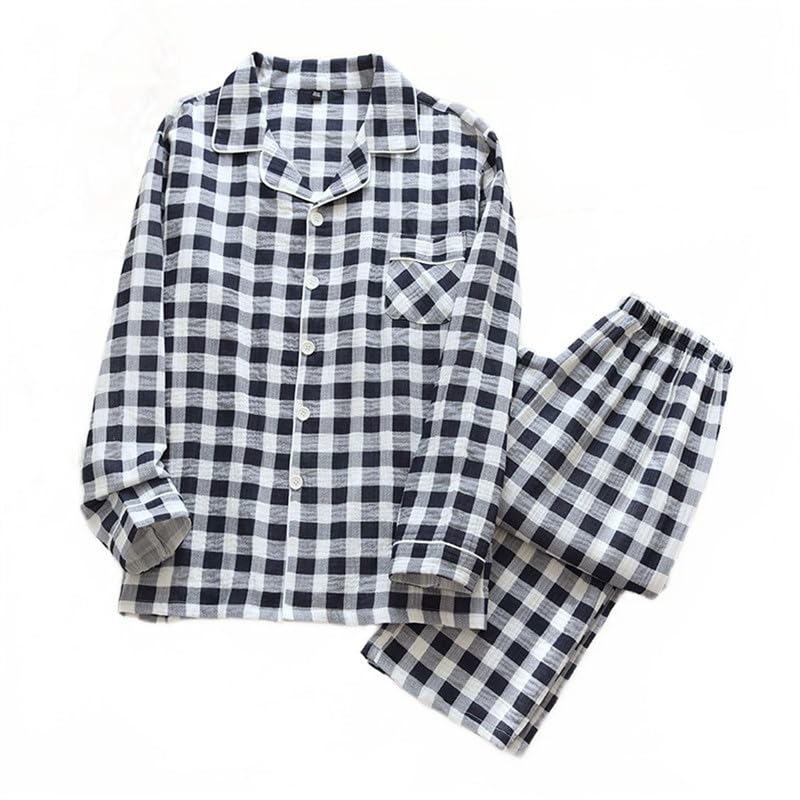 Shanghai Story Double Gauze Notch Collar Check Print Pajamas Long Sleeve Sleepwear Button Down Pj Set