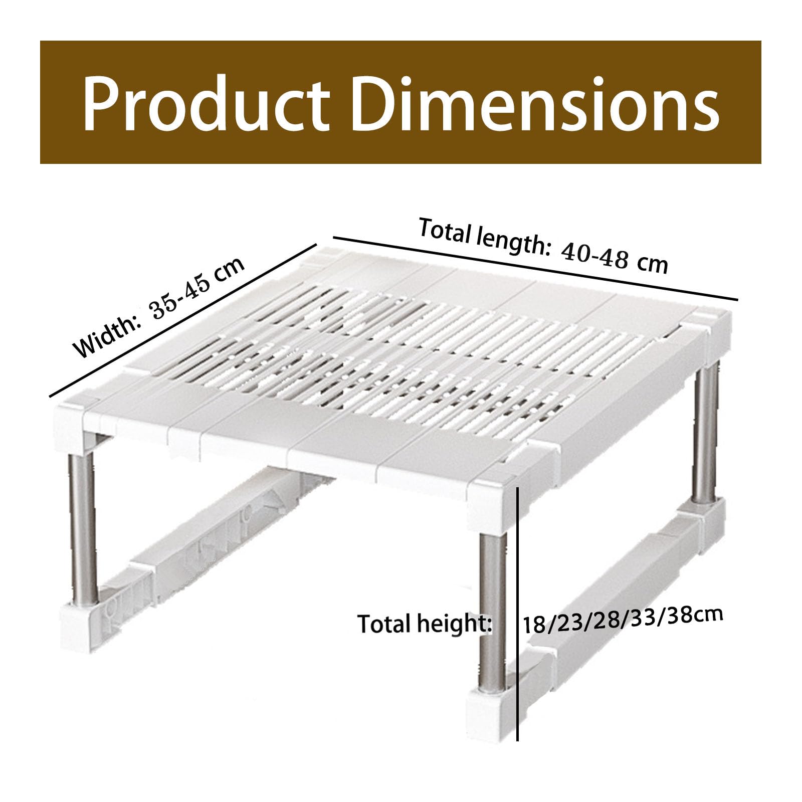 Erweiterbares Schrankregal, stapelbar, Küche, robuste Arbeitsplatte, Erhöhung für Speisekammer, Lagerung, verstellbares weißes Regal, L 40–48 cm, H 28 cm, B 35–45 cm