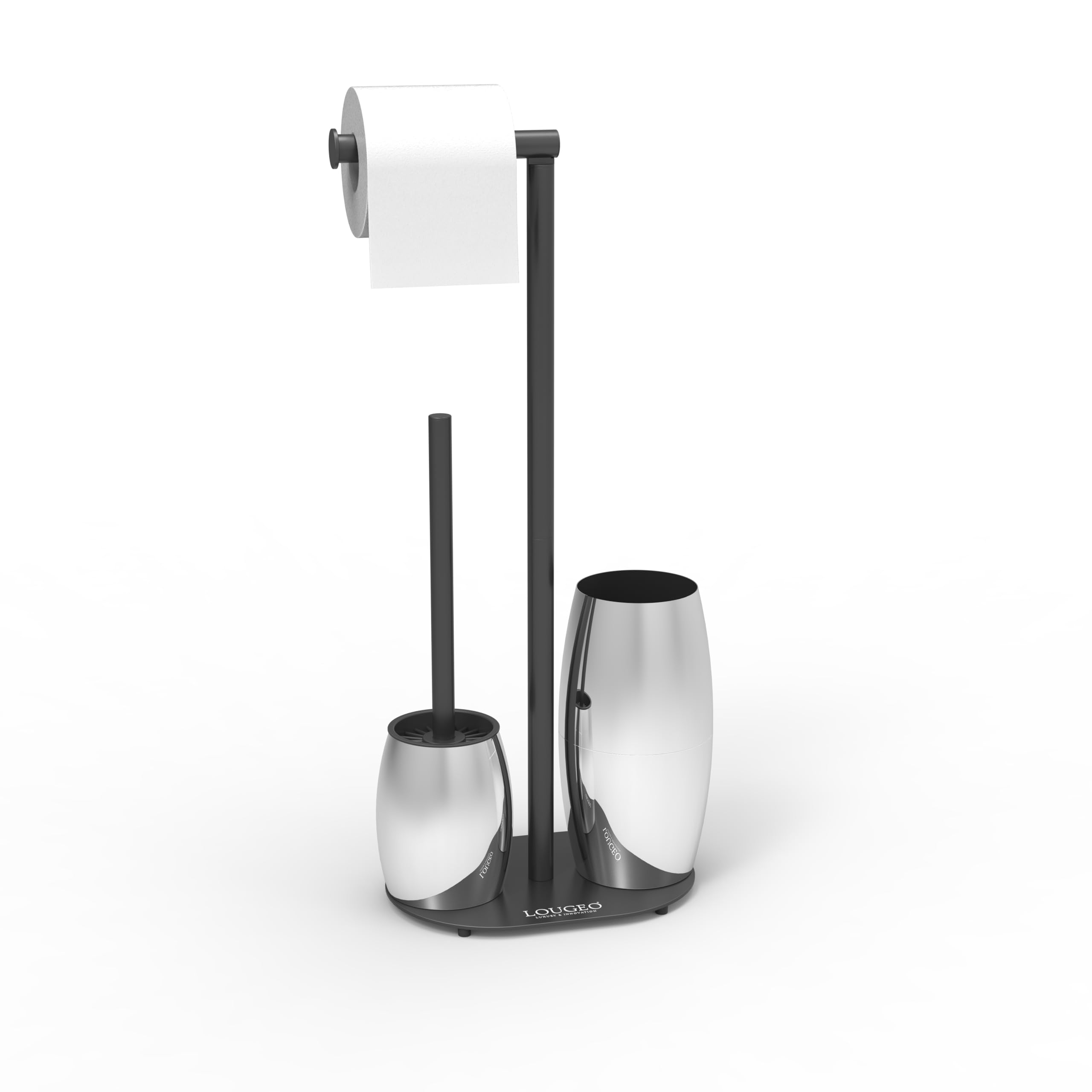WC-Bürste mit Toilettenpapierhalter 3-in-1 – Chrom – Includes 14 Scent Tablets – Anti-Splash Design – Self-Cleaning – Freestanding Stainless Steel Toilet Paper Holder (Silberoptik)