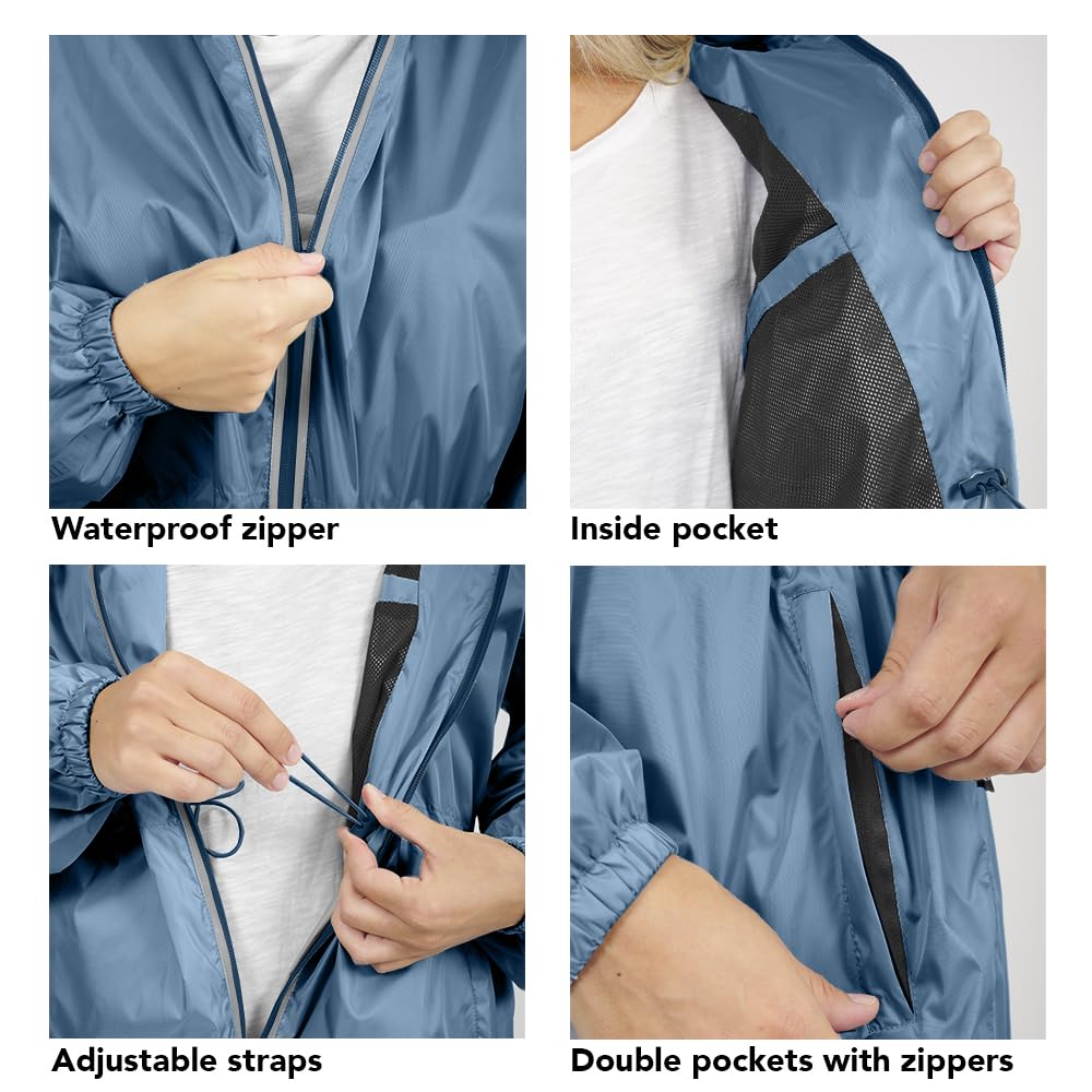 PERLETTI Chubasquero Mujer Cortaviento Ligero con Cremallera - Impermeable Mujer con Capucha Detalles Reflectantes - Chaqueta Trench Deporte Transpirable Waterproof Reutilizable Mujeres
