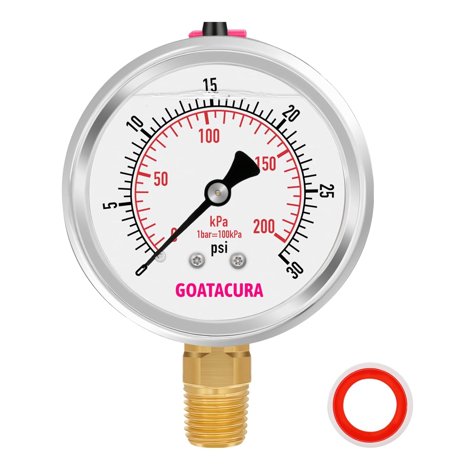 0-30psi/kpa Glycerin Filled Pressure Gauge, 2-1/2" Dial Size, Stainless Steel Case, with Vent Valve, 1/4" NPT Lower Mount, 2-1-2% Accuracy, for Measuring Gas Liquid Pressure