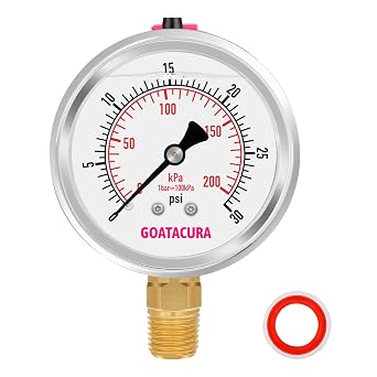 0-30psi/kpa Glycerin Filled Pressure Gauge, 2-1/2" Dial Size, Stainless Steel Case, with Vent Valve, 1/4" NPT Lower Mount, 2-1-2% Accuracy, for Measuring Gas Liquid Pressure