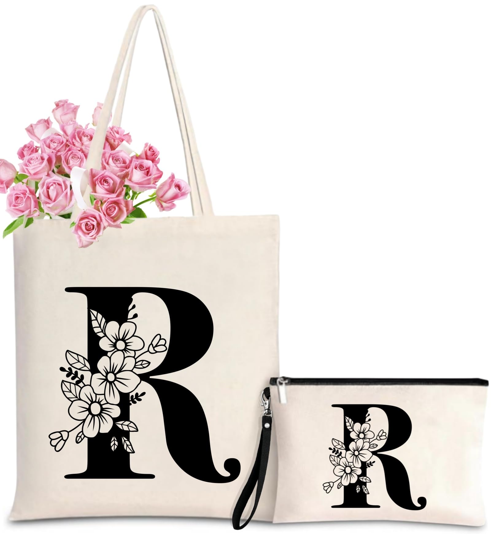 Nioobager Personalized Initial Tote Bag for Women - Monogrammed Bags with Makeup Gift Bag for Wedding, Birthday, Teacher