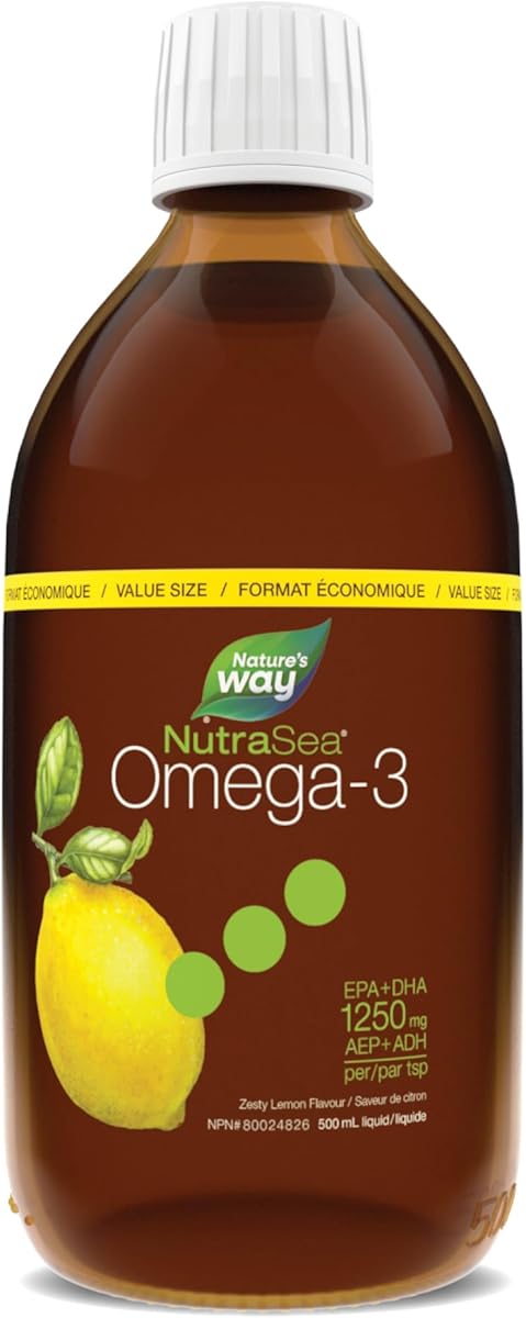 NutraSea Nature's Way NutraSea Omega-3 Supplement with Zesty Lemon Flavour – EPA and DHA Fish Oil – Support Healthy Heart and Brain Function in Kids and Adults – GMO Free, 500 ml Liquid