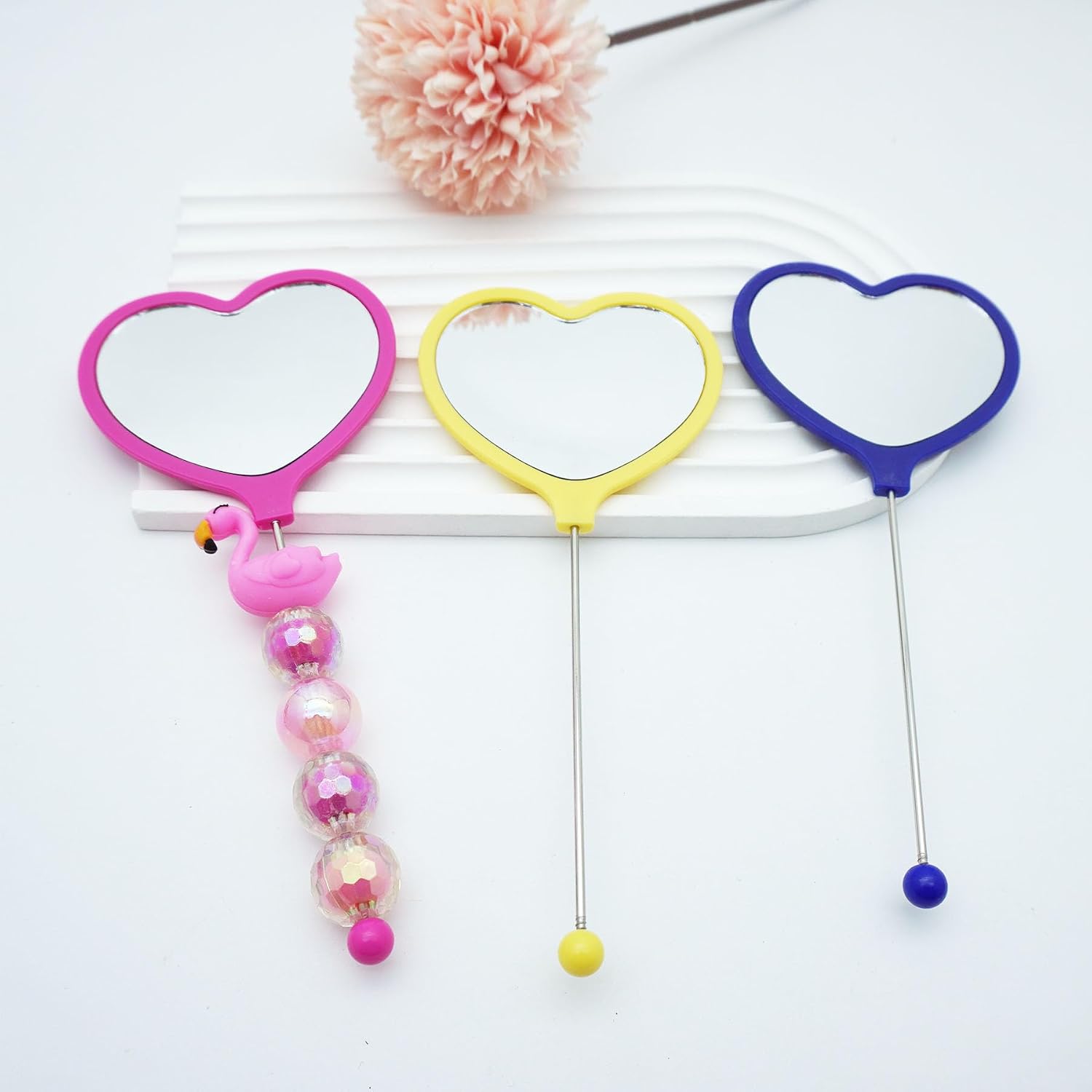 10 Pack Beadable Mirrors with Blank Bar Cute Travel Makeup Handheld Mirror Cosmetic Dazzling Mirror Portable Hand Mirrors for Women DIY Jewelry Making Beaded Crafts (Colorful-Heart Shape)