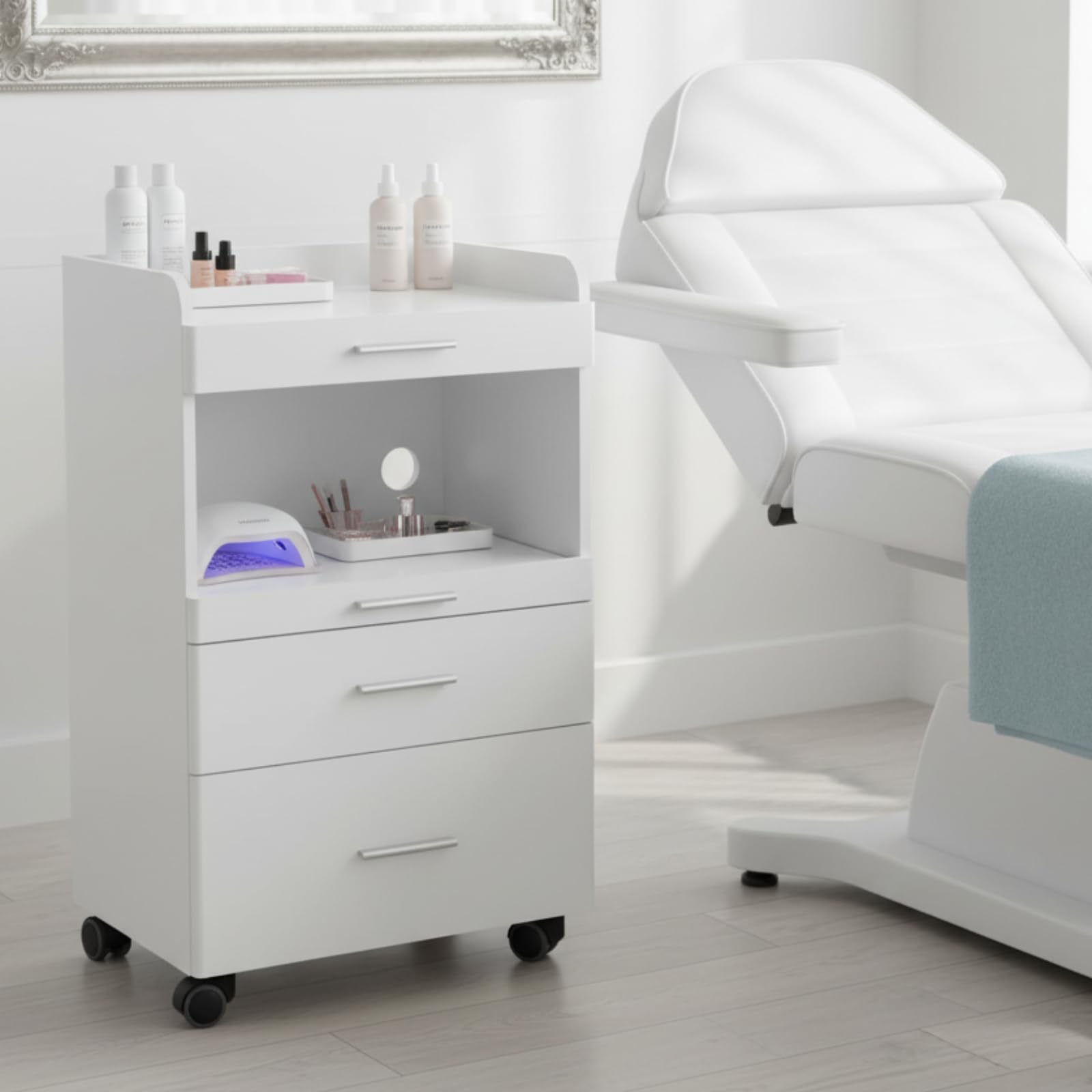Beistellwagen 19 D SF – Stilvoller Arbeitswagen mit 3 Schubladen & zusätzlichem Stauraum, ausziehbare Ablage, mobil mit Rollen, ideal für Kosmetikstudios & Salons, Zeitloses Design
