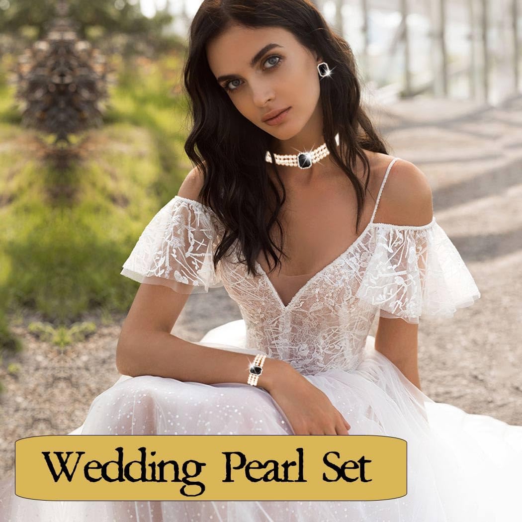 Pearl Necklace Set Rhinestone Pearl Jewelry Set-Pearl Necklace/Bracelet/Earrings 6mm Multilayer Pearl Set 1920s Crystal Wedding Set for Women - Image 5