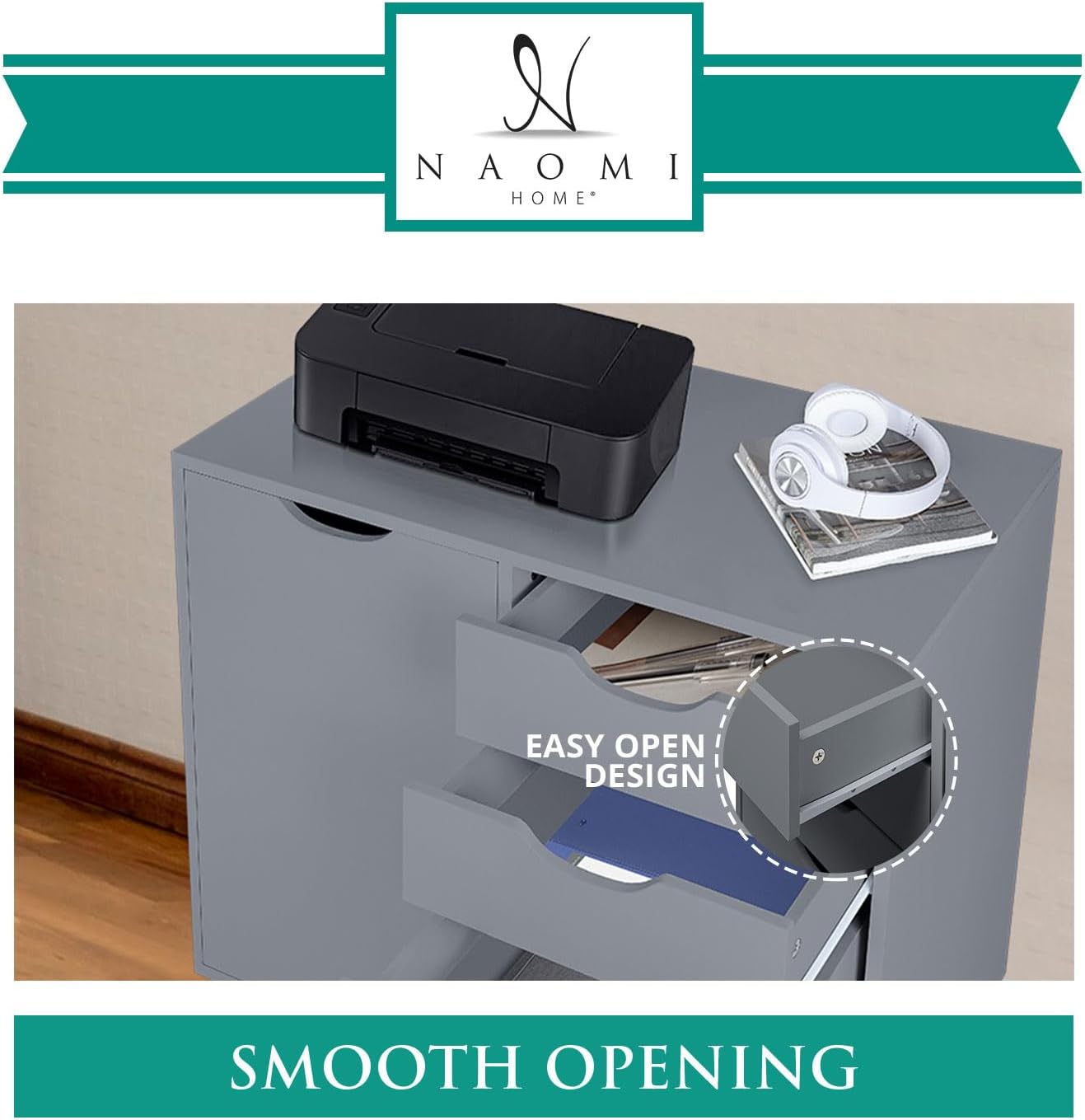 Naomi Home Amy cabinet showing smooth drawer opening