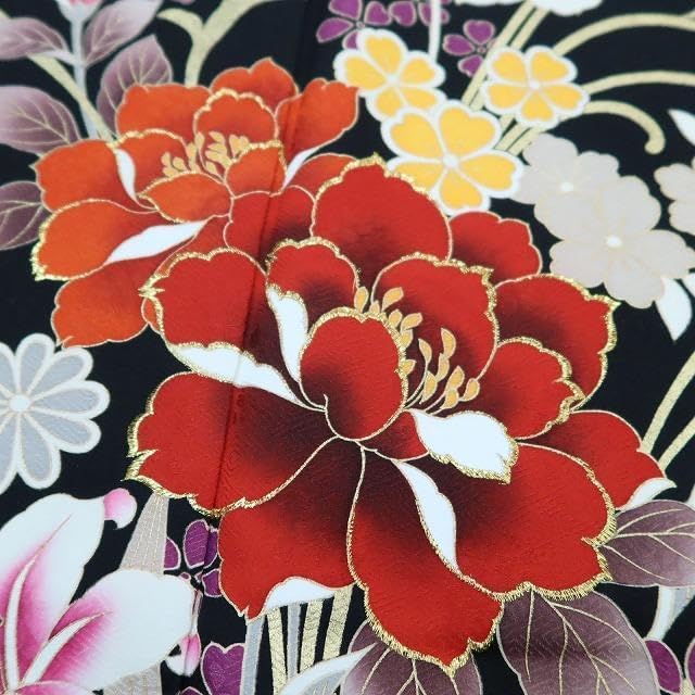 美品 成人式着物 刺繍“牡丹や百合、桜や菊☆ぱっと花咲く美の象徴”振袖 J-9 成人式着物 刺繍“牡丹や百合、桜や菊ぱっと花咲く美の象徴”