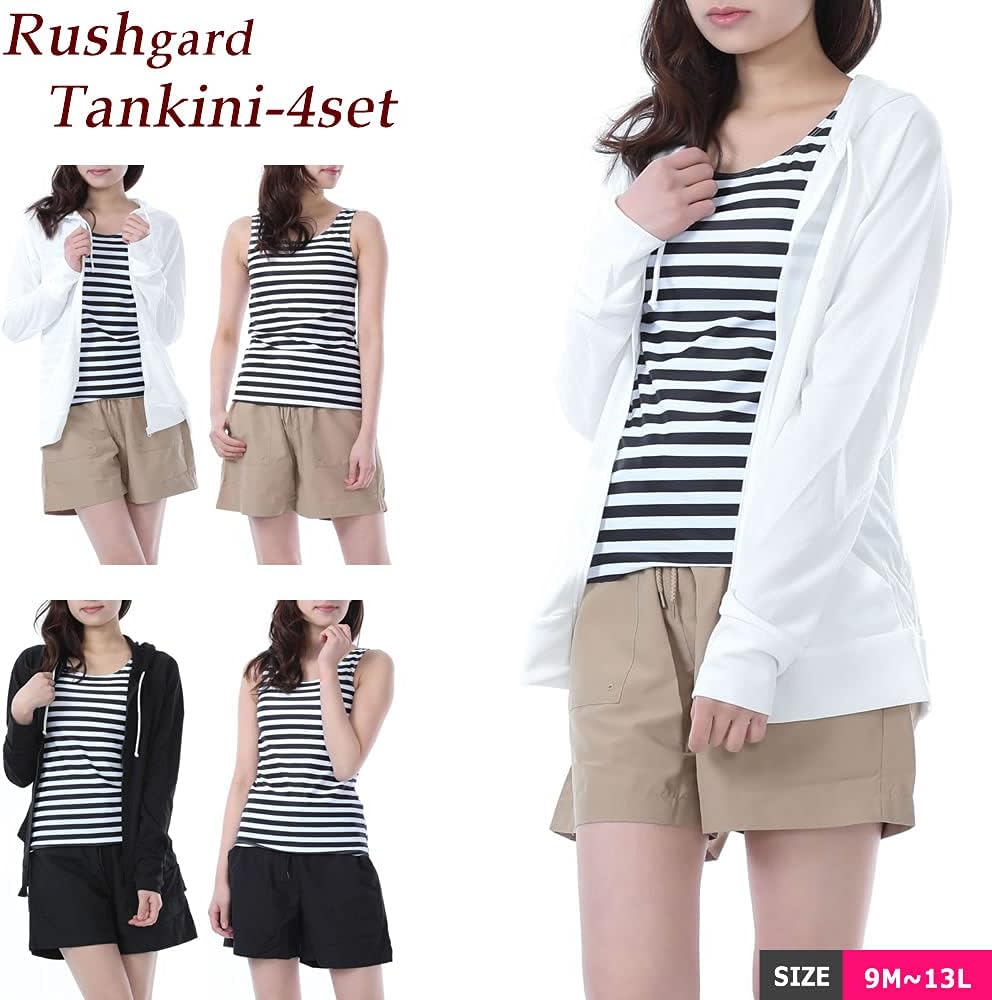 [AQUAFAIRY アクアフェアリー] 水着 レディース 体型カバー タンキニ セパレート UPF 50+ UV 長袖ラッシュガード パーカー ショートパンツ 4点セット