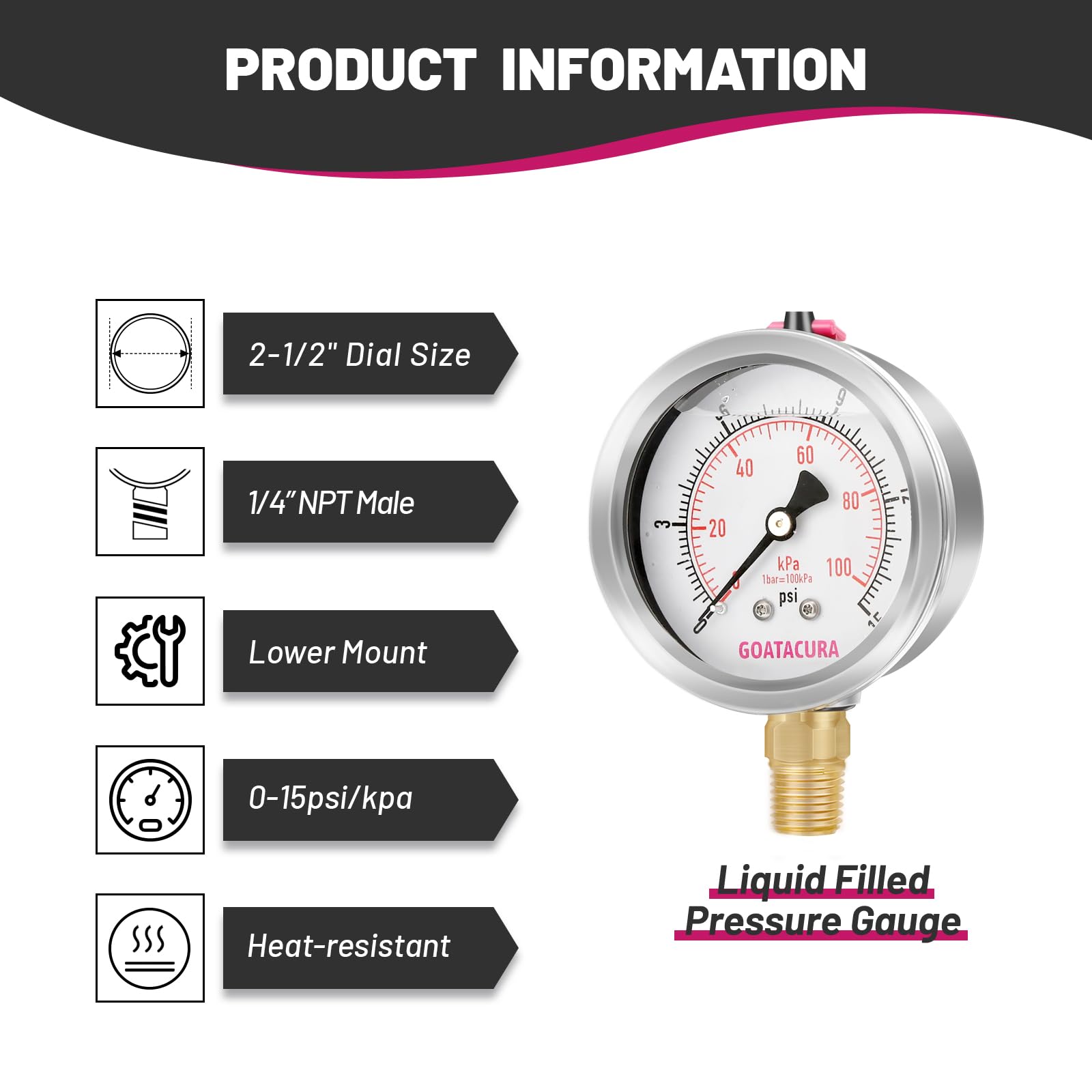 Kit manometro per aria compressa riempito di glicerina per riscaldatori da 0-15 psi, quadrante da 2-1/2", ad alta precisione, per la misurazione di riscaldatori portatili a olio combustibile a bassa