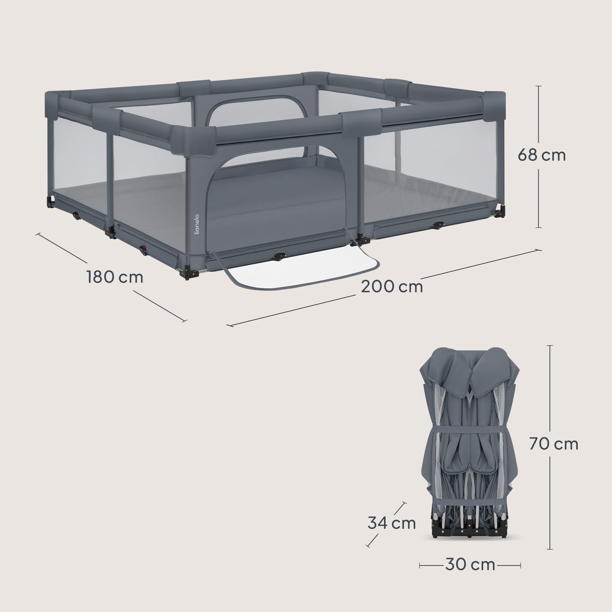 Lionelo Florence XL Easy Fold Kojec dla niemowląt, 180 x 200 cm, składany kojec dla niemowląt, bez montażu, 2 wejścia boczne z zamkiem błyskawicznym, oddychająca siatka, miękkie krawędzie, torba