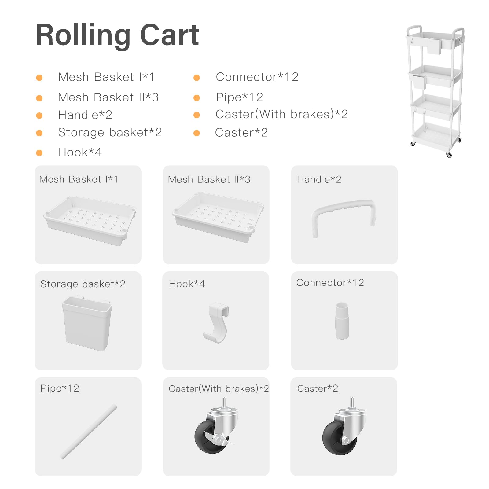 Carrito utilitario rodante de 4 niveles con asa, carrito utilitario REBECAT hecho de herramienta organizadora de almacenamiento multifuncional para cocina, baño, sala de estar, oficina (blanco)