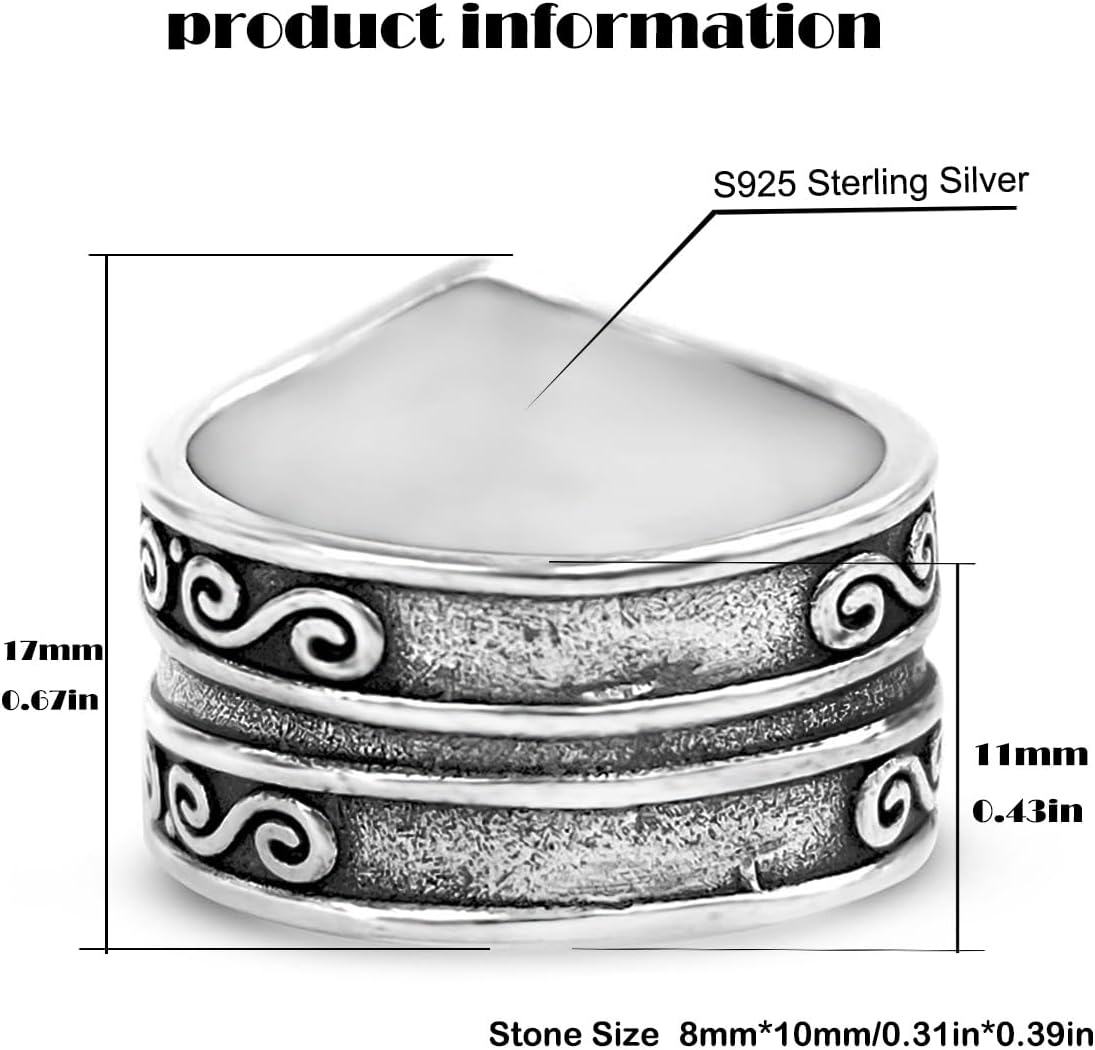 HAIXIAN Natural Black Obsidian Wide Band Ring,Retro S925 Sterling Silver Statement Thumb Index Chunky Band Ring,Cocktail Party Bohemian Ring Jewelry for Women