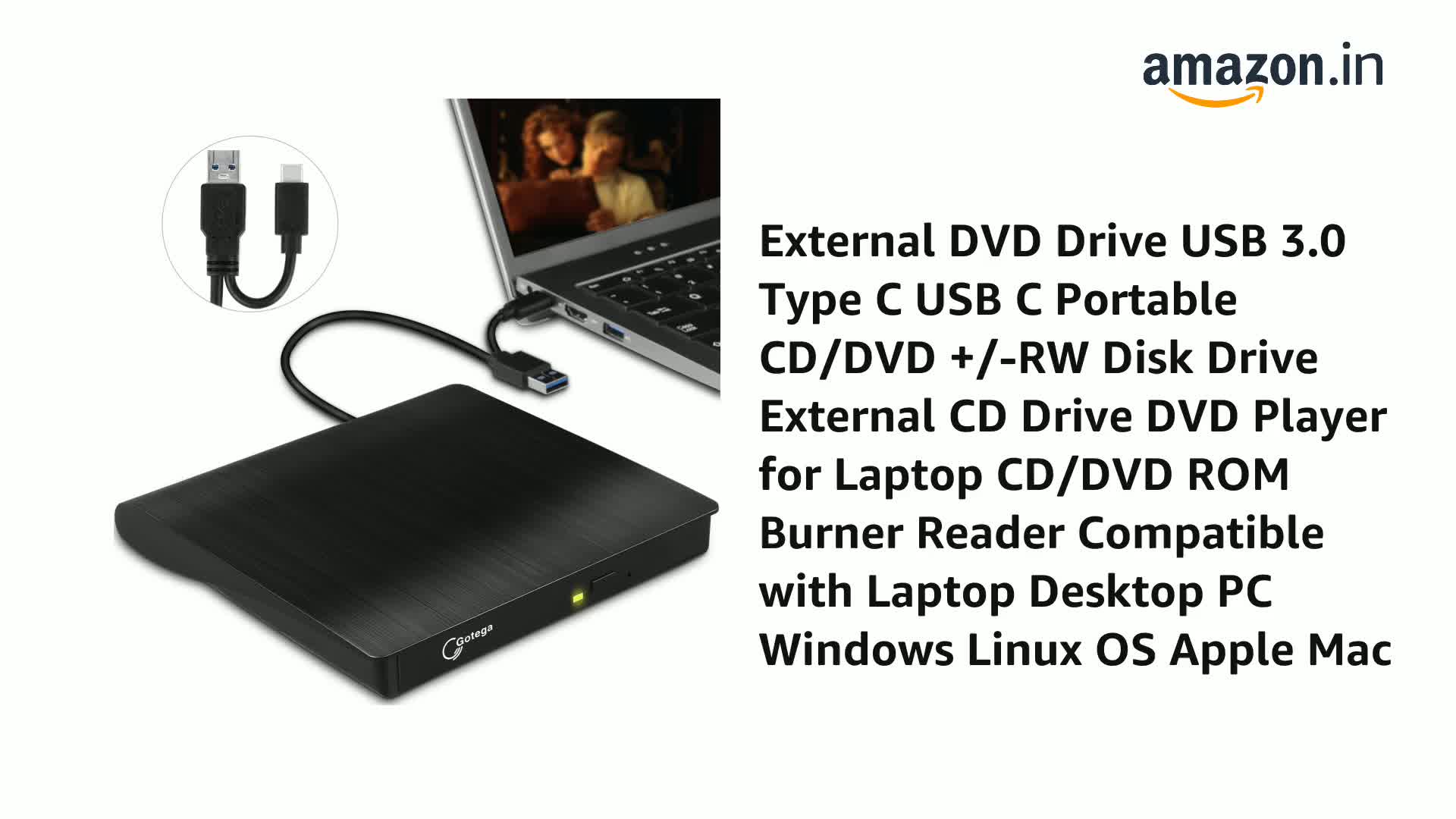 Gotega External DVD Drive USB 3.0 Type C Portable CD/DVD Player